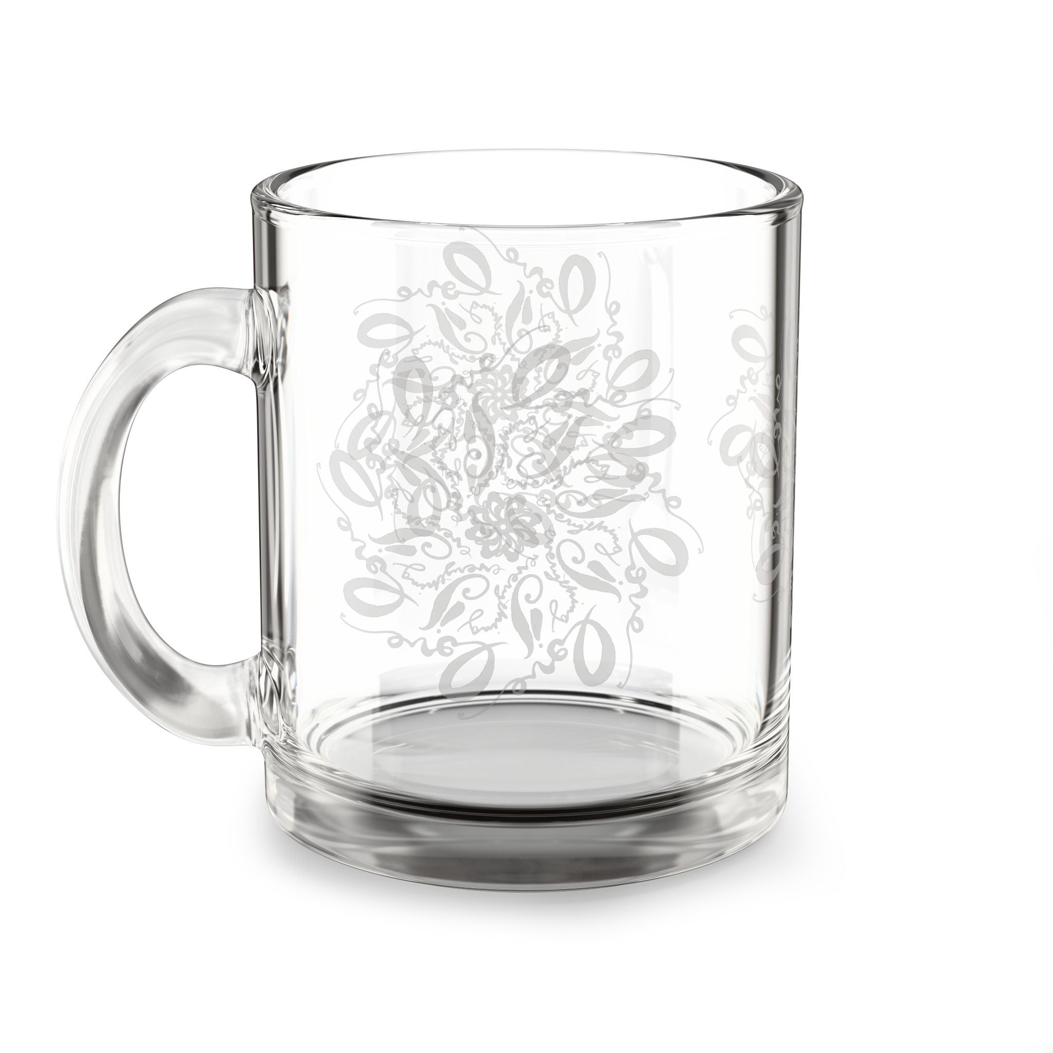 10oz Glass Mug – Elegant Love is Everything handwritten mandala