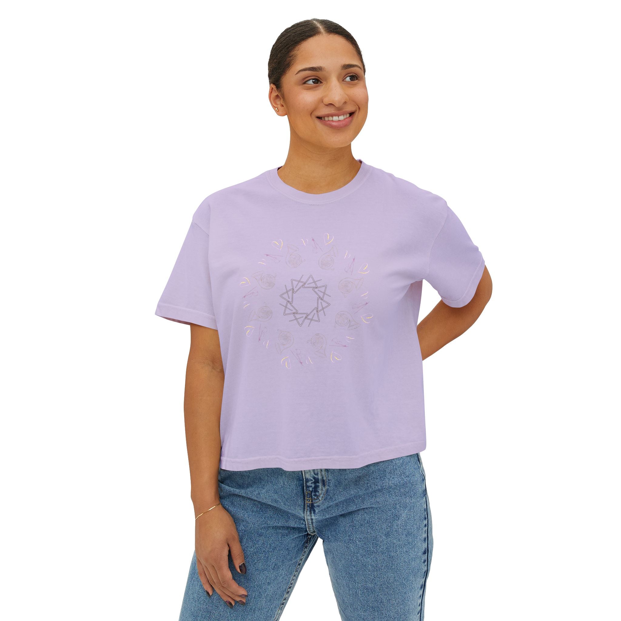 Women’s Boxy Tee with Musical Mandala Design – Casual Chic for Everyday Comfort