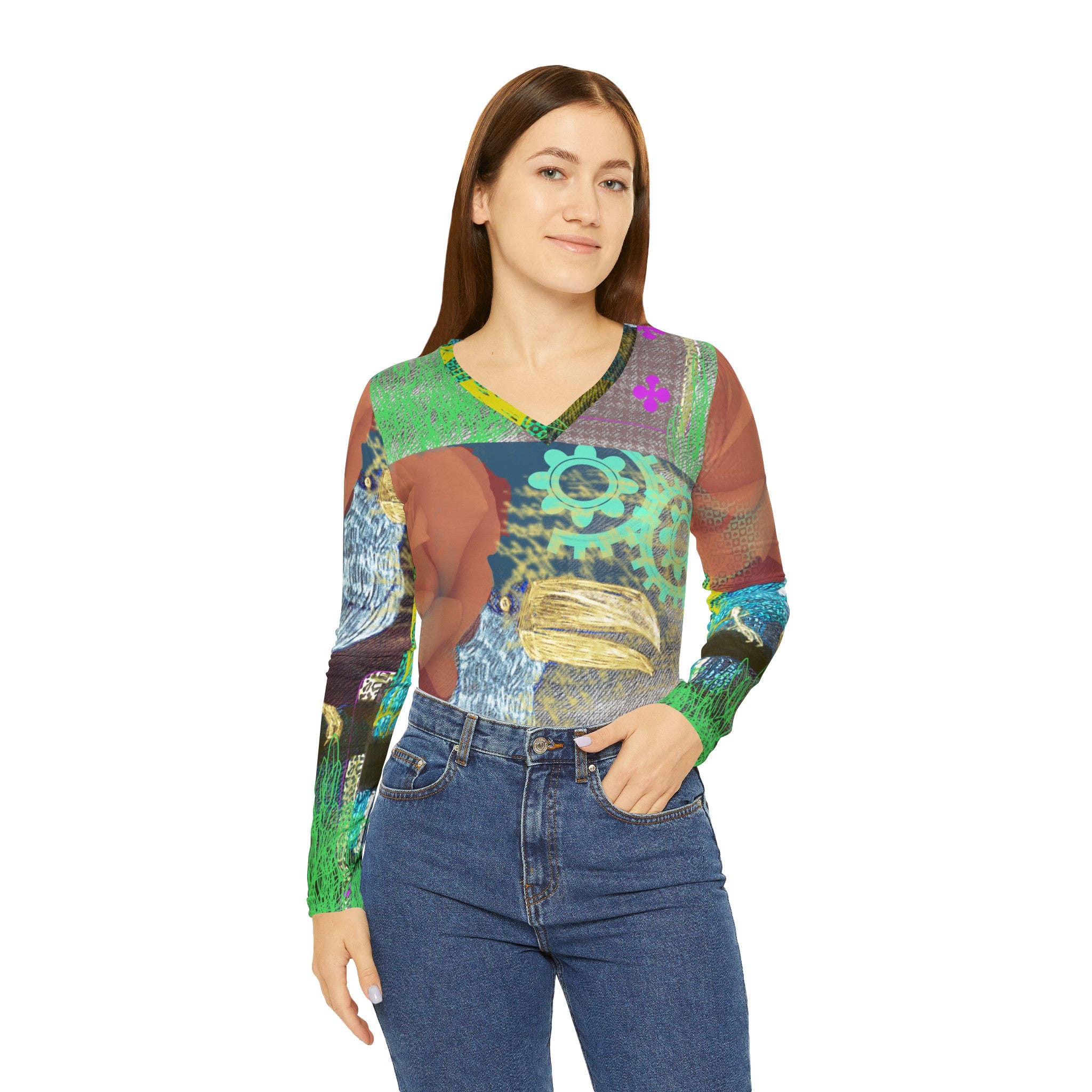 TROPICAL STORY Women's Long Sleeve V-neck Shirt (AOP)