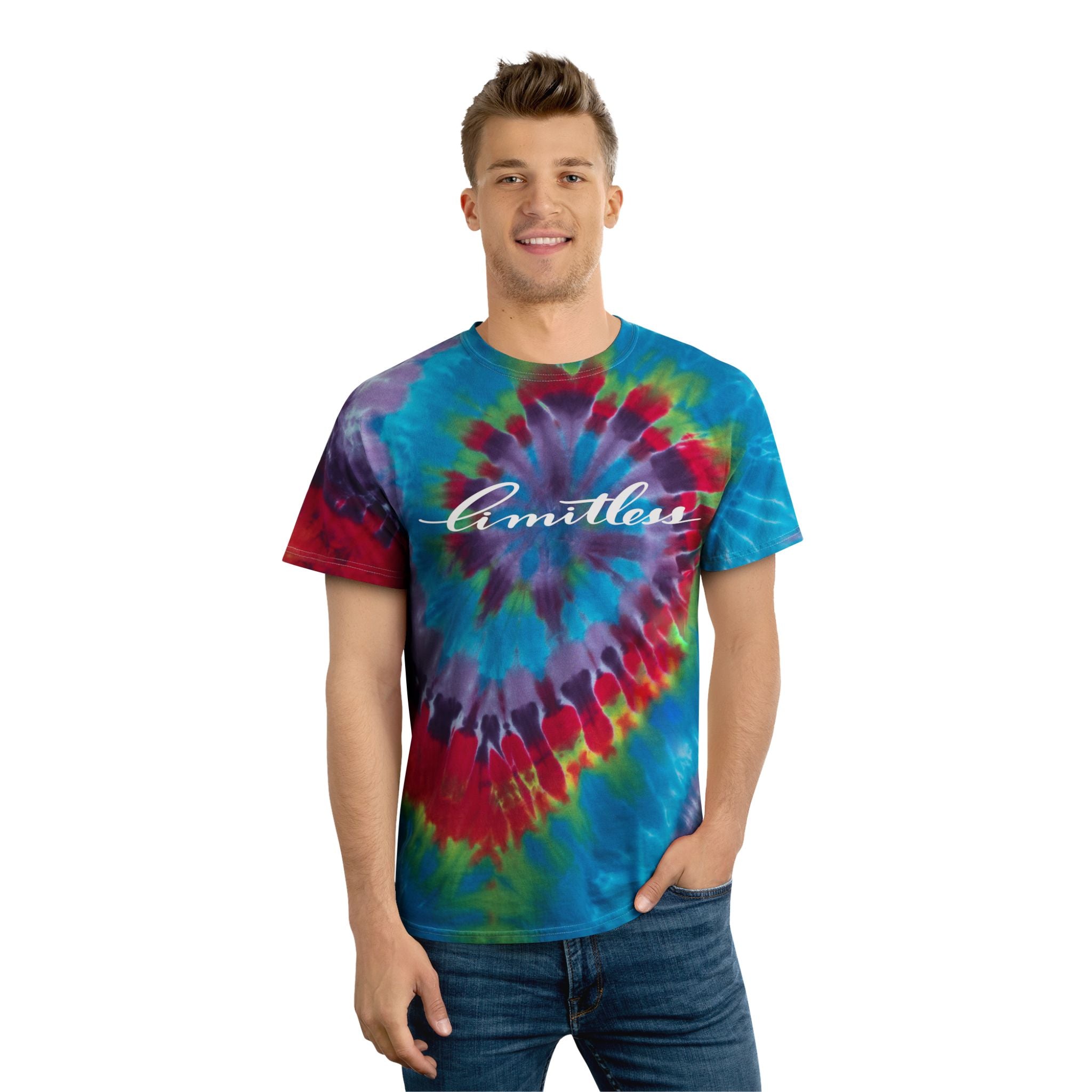Limitless Hand-drawn Calligraphy Tie-Dye Tee - Vibrant Spiral Design for Youthful Spirit
