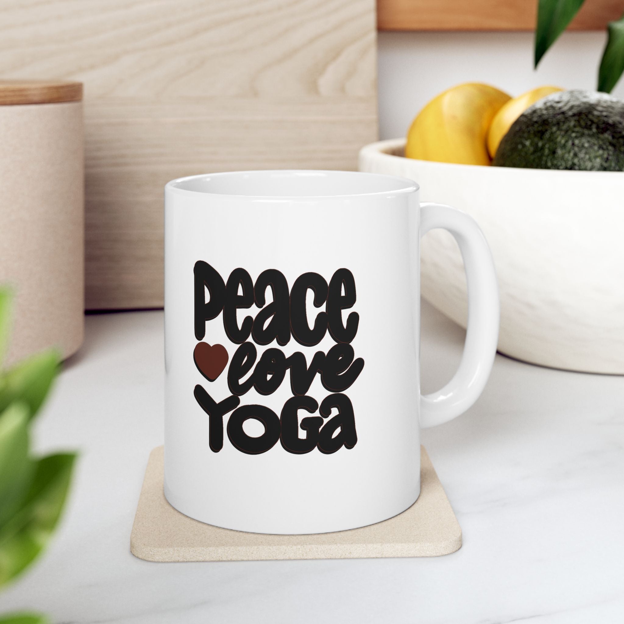 PEACE LOVE YOGA Ceramic Mug, (11oz)