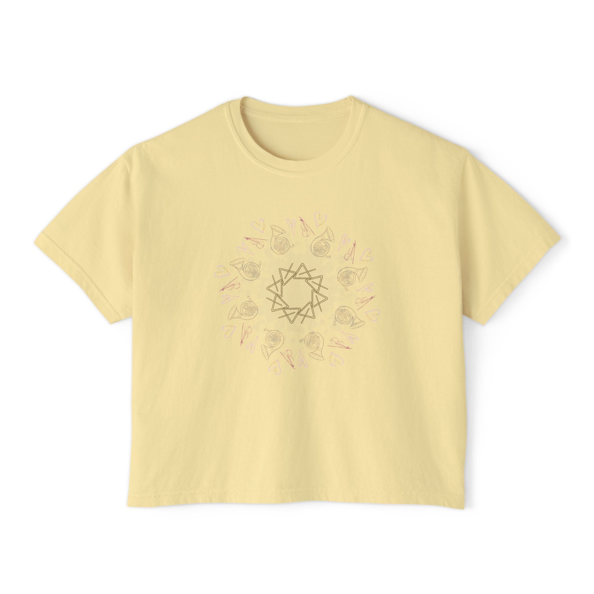 Women’s Boxy Tee with Musical Mandala Design – Casual Chic for Everyday Comfort