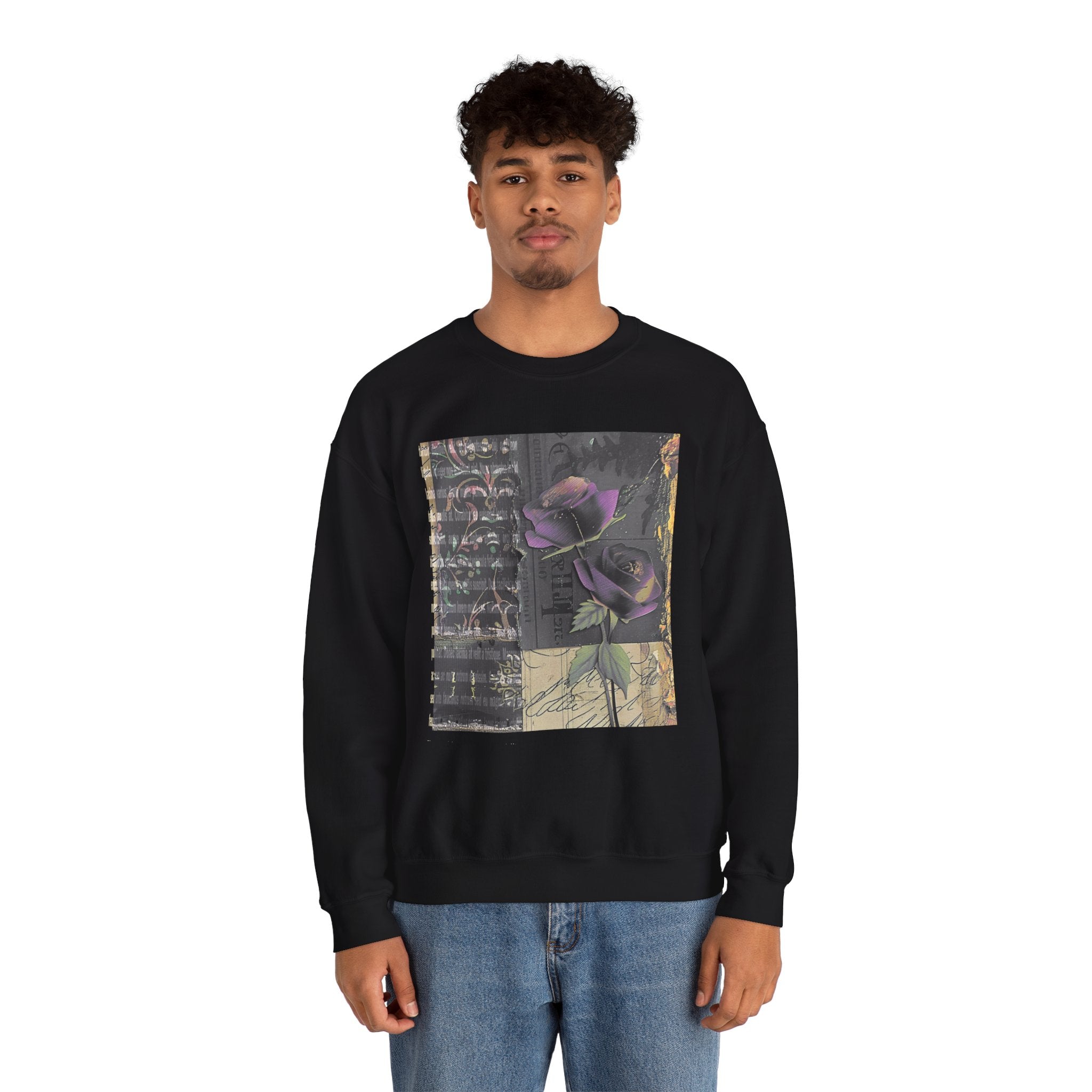 Crewneck Sweatshirt — Vintage Botanical Collage with Purple Roses