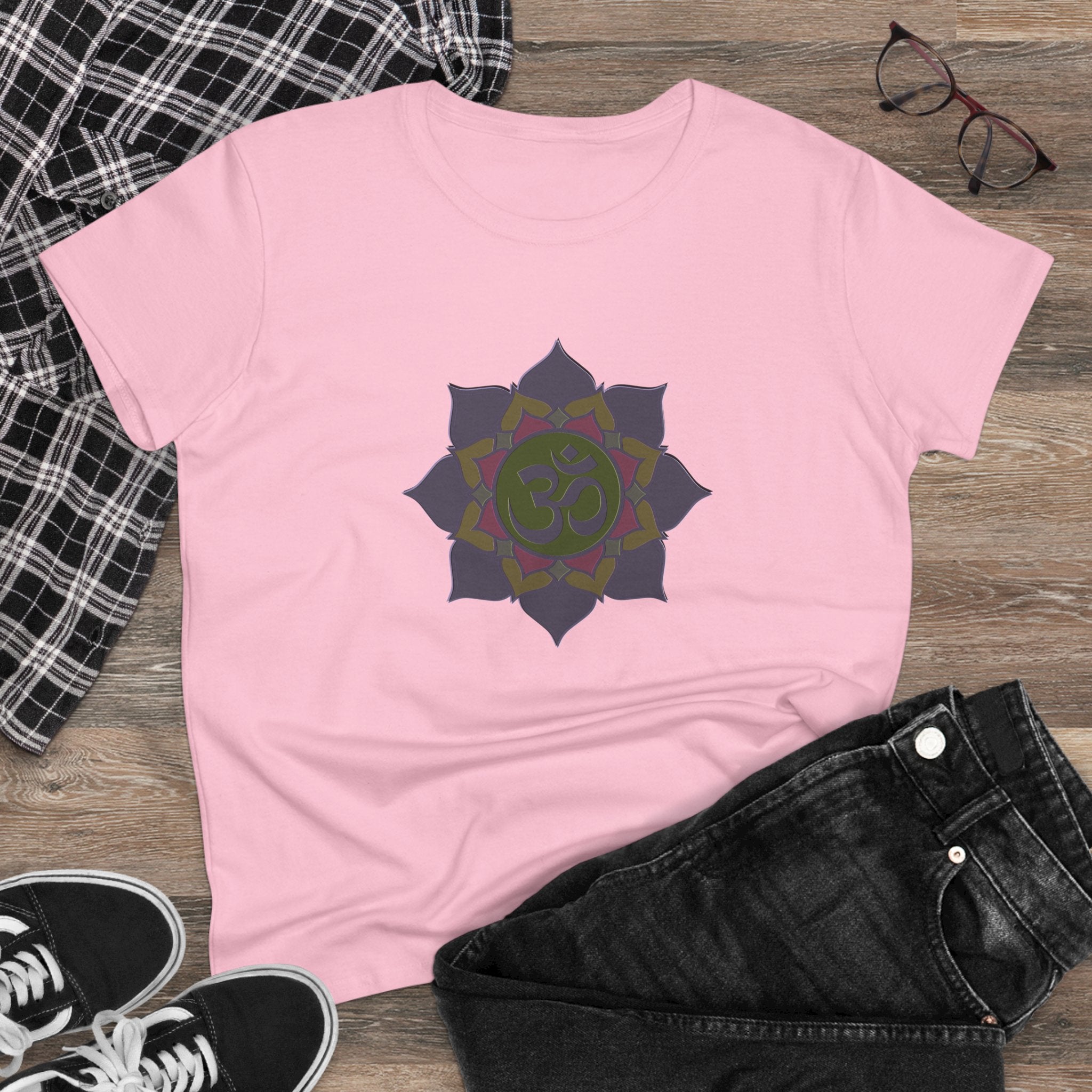 Women's Pink Om Symbol Cotton Tee - Spiritual & Comfortable Casual Wear