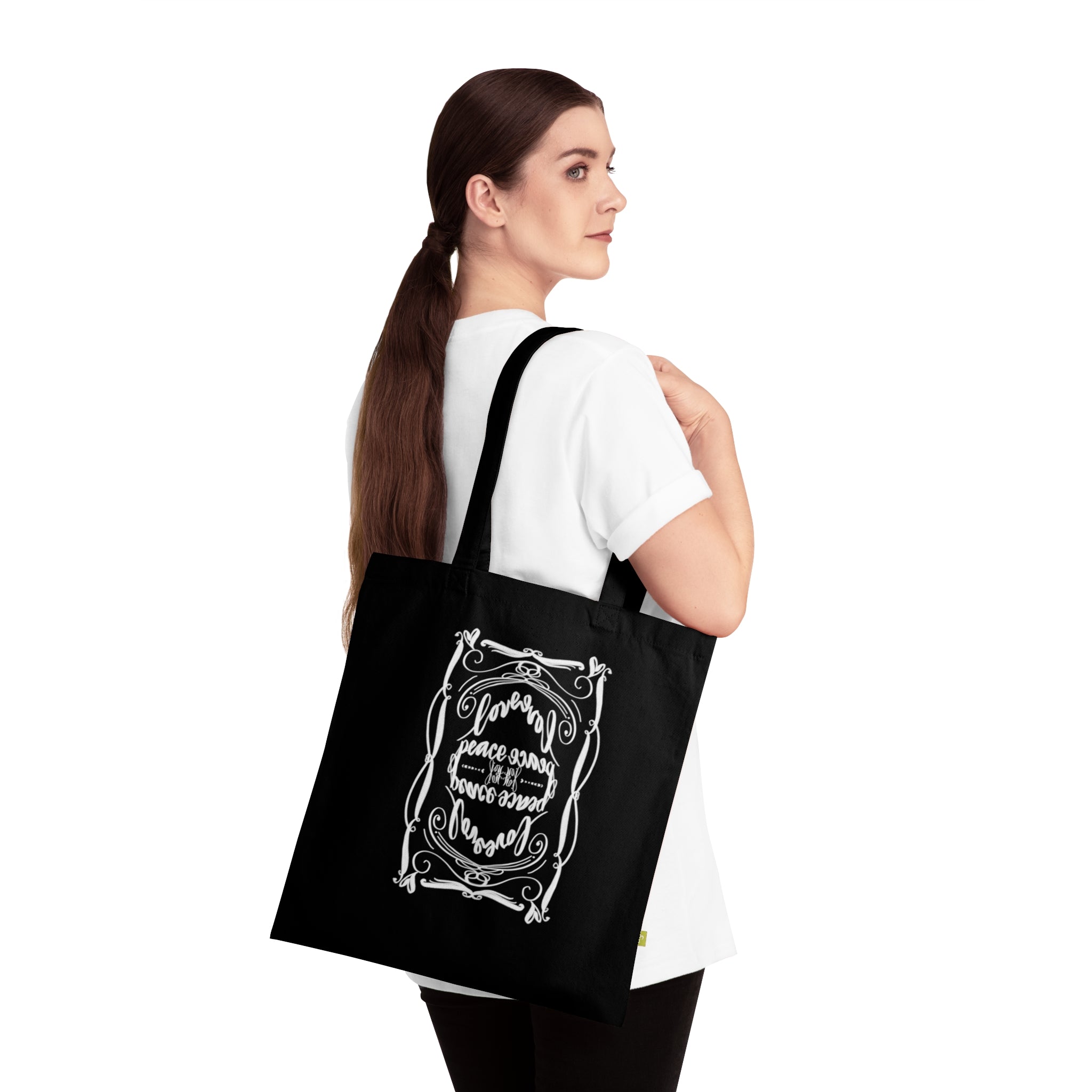 Elegant Organic Cotton Tote Bag LOVE  PEACE JOY- Eco-Friendly Shopping Bag, Gift for Teachers, Market Tote, Reusable Grocery Bag
