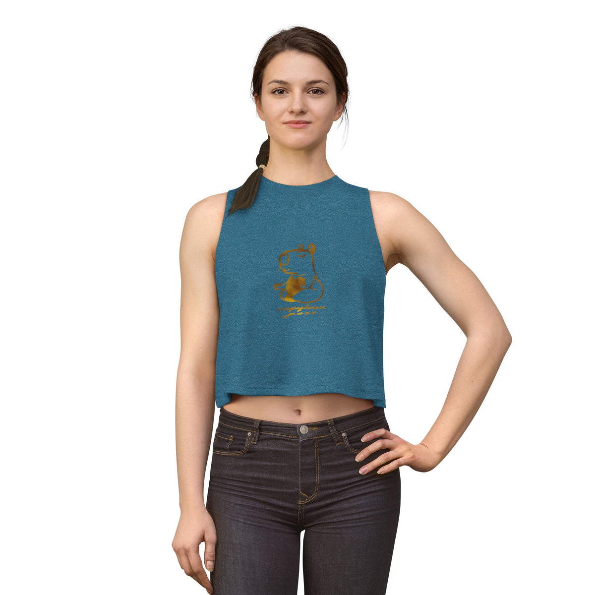 Capybara Pose Zen Crop Top — Relaxed Gold Hippo Graphic Women's Tank