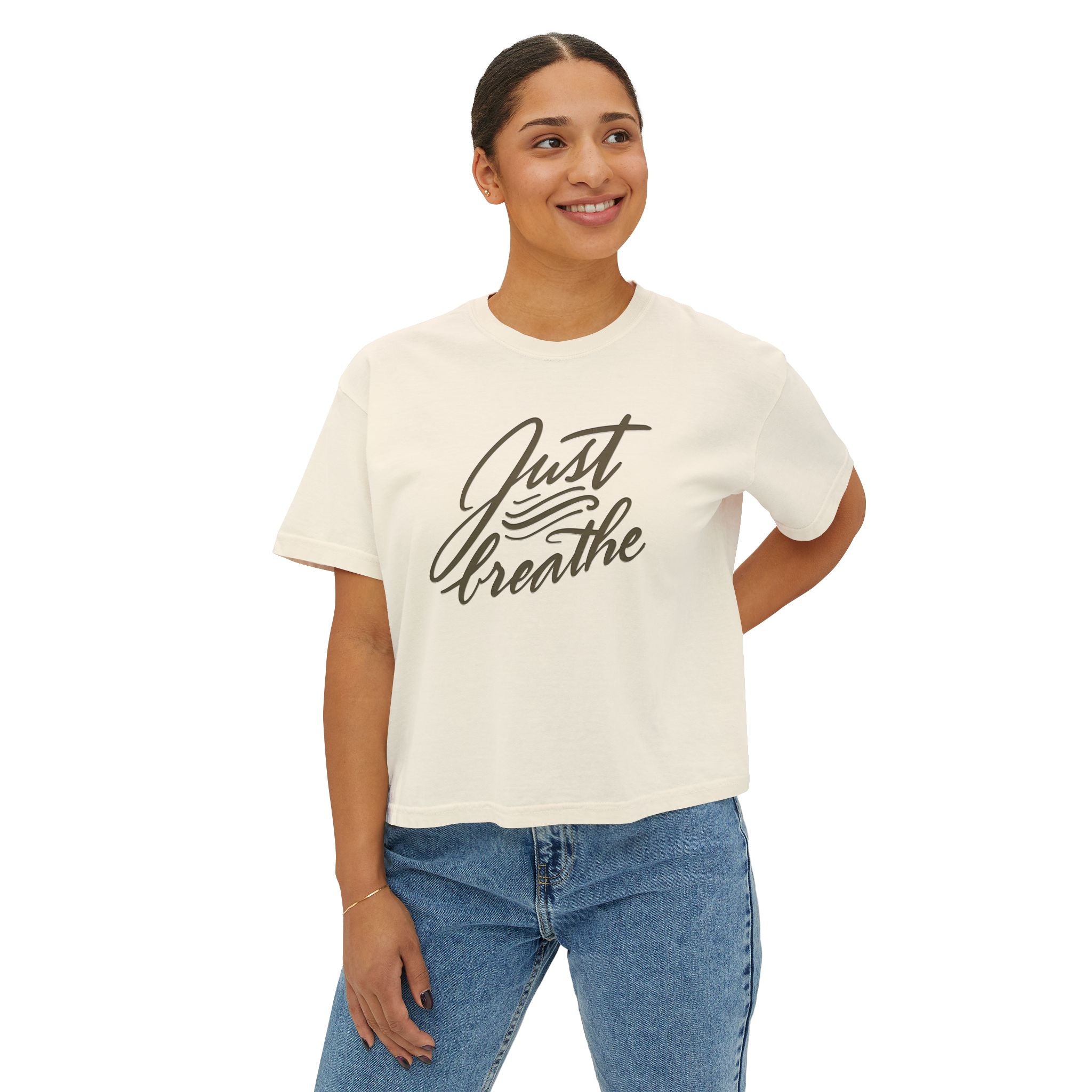 Just Breathe Boxy Tee — Women's Relaxed Crop T‑Shirt
