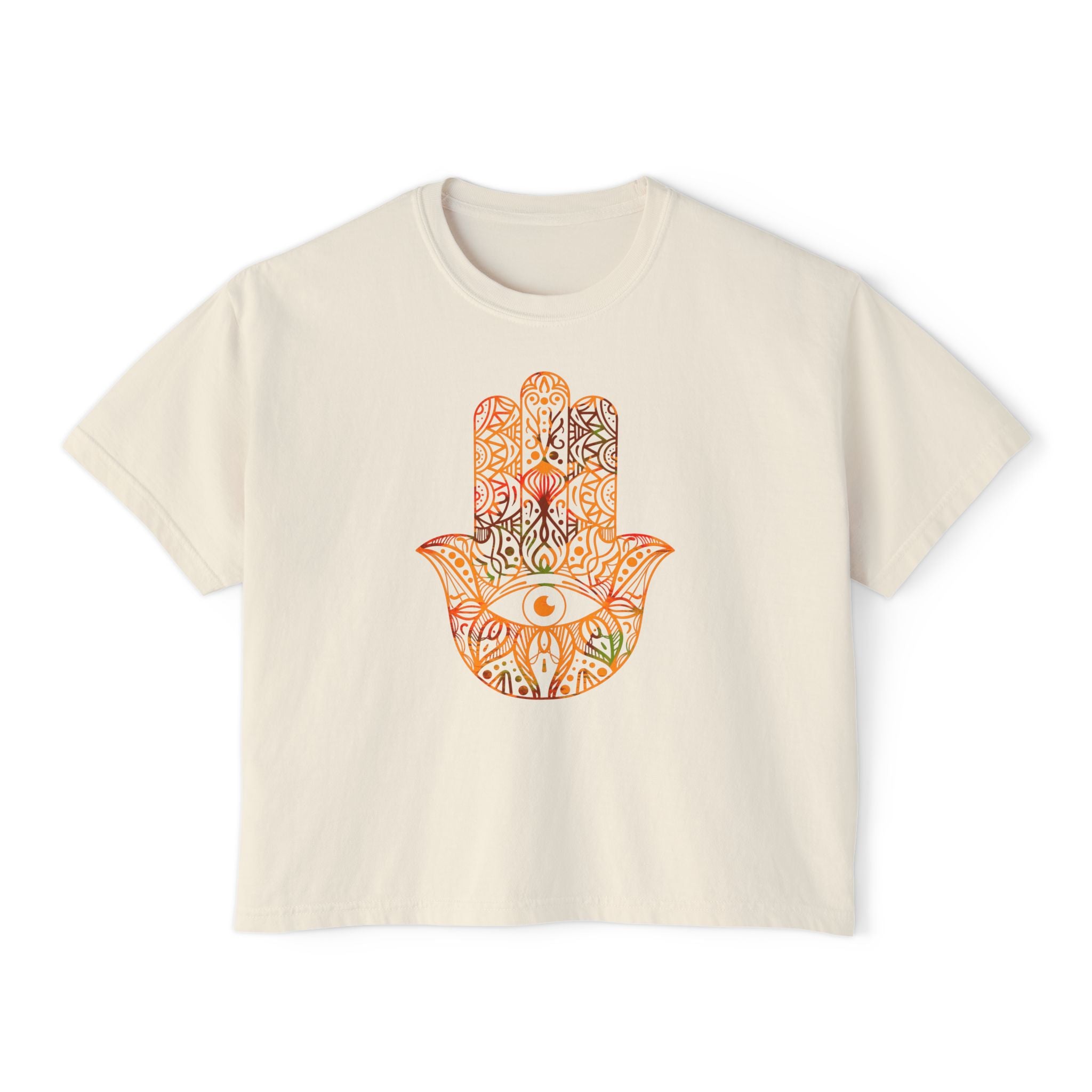 Women's Boho Boxy Tee with Hamsa Design - Relaxed Fit, Spiritual Vibe