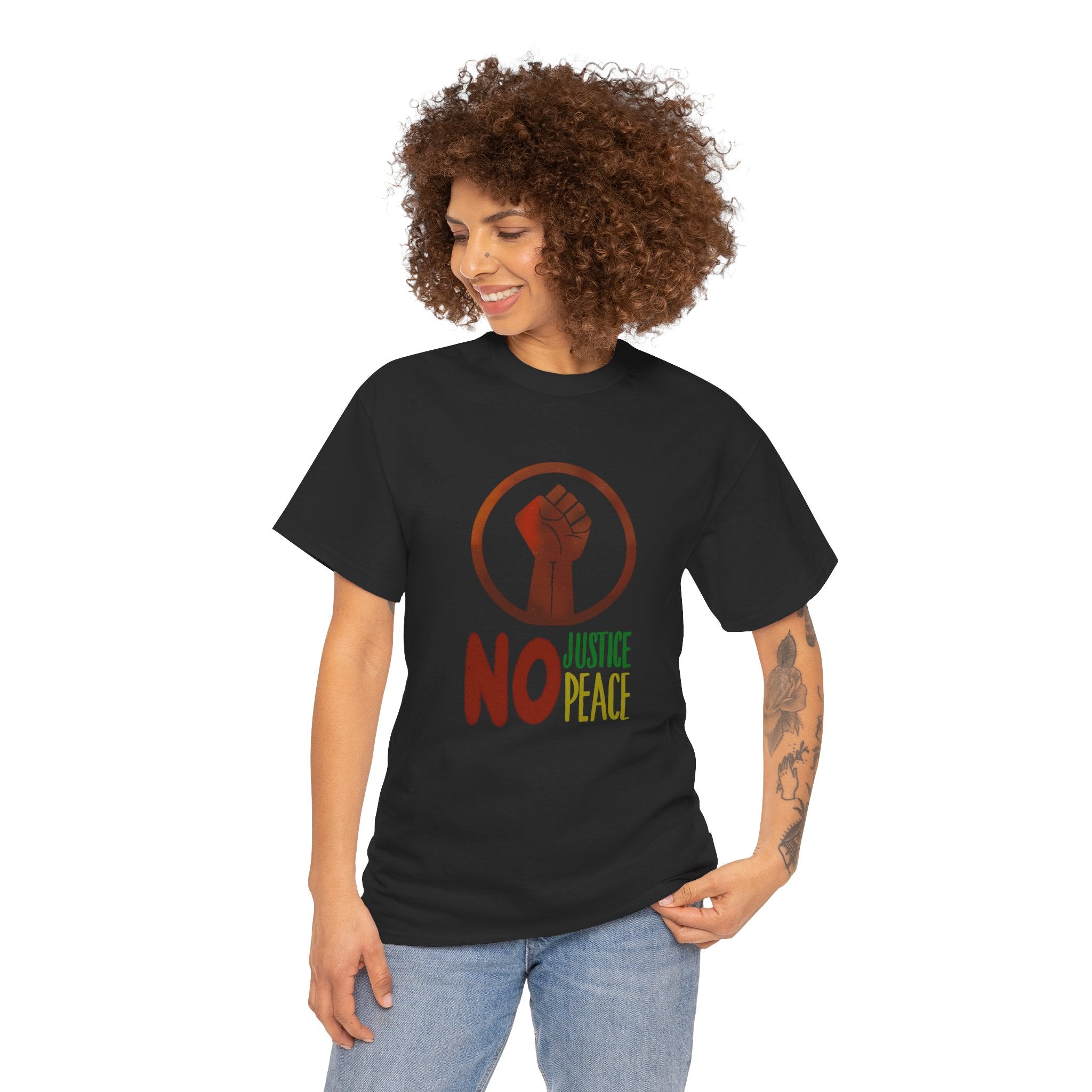 No Justice No Peace T-Shirt — Hand-drawn Raised Fist Protest Tee