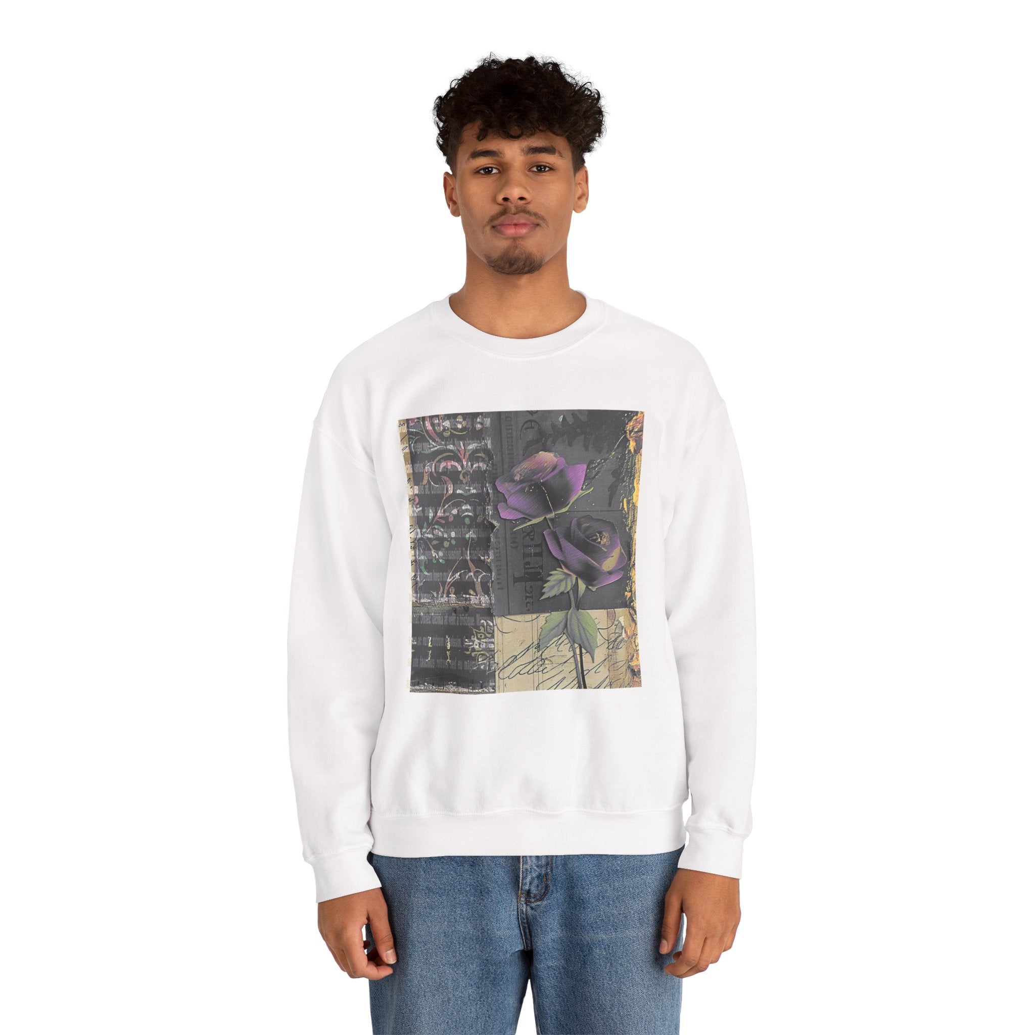 Crewneck Sweatshirt — Vintage Botanical Collage with Purple Roses