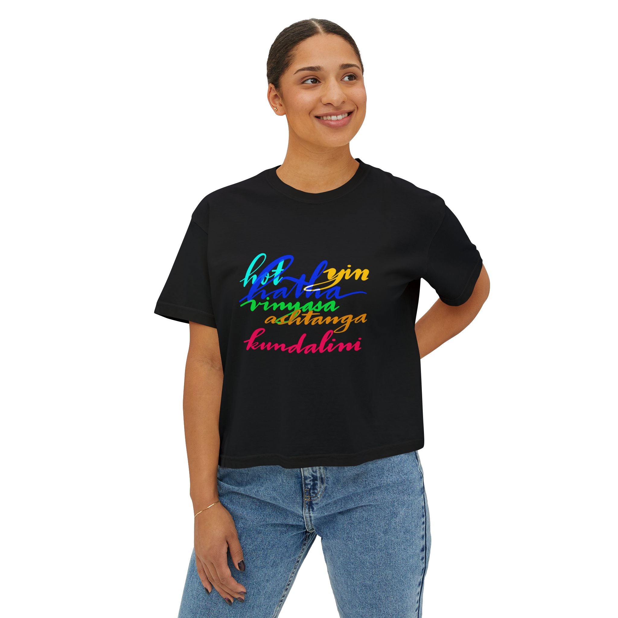 Yoga Boxy Tee for Women - Relaxed Fit Calligraphy Shirt