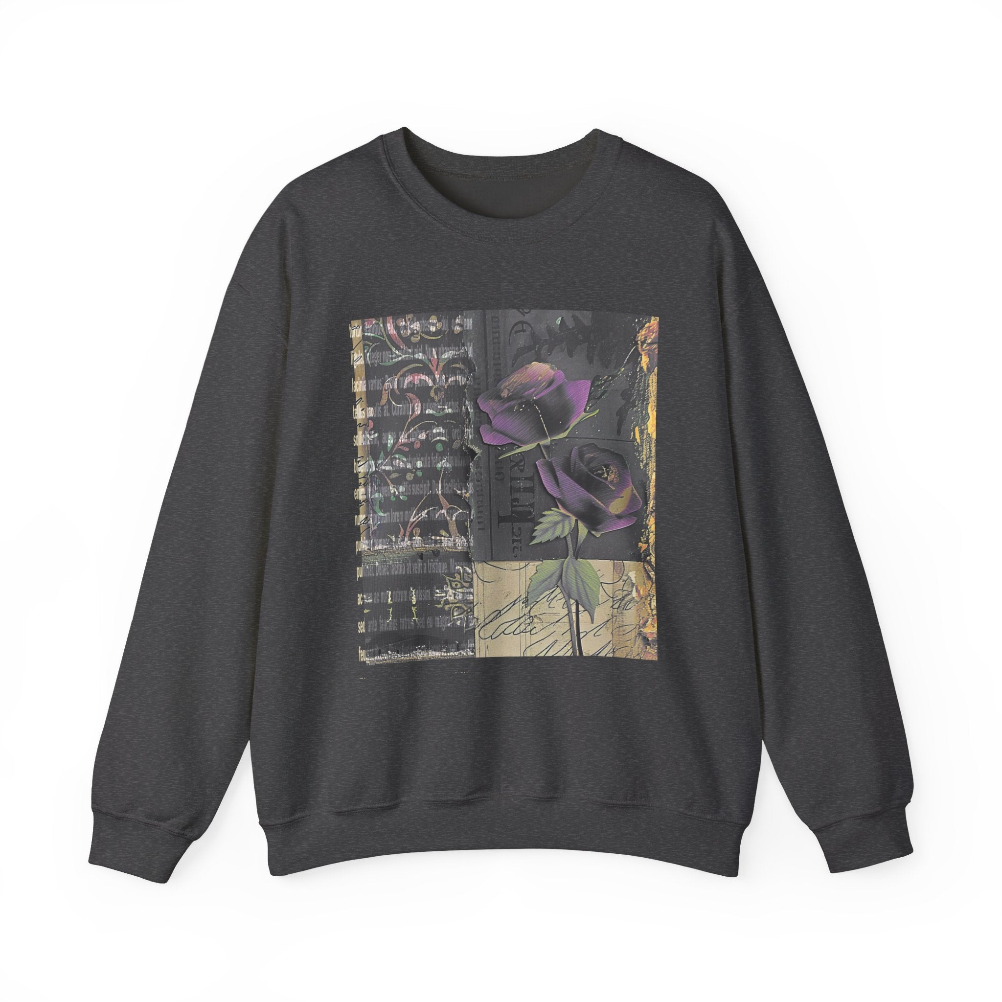 Crewneck Sweatshirt — Vintage Botanical Collage with Purple Roses