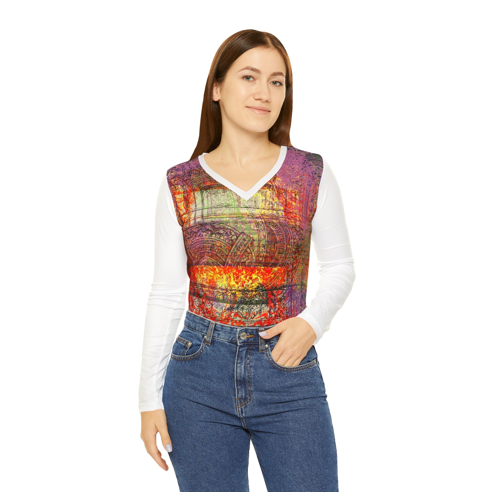 STAINED GLASS Women's Long Sleeve V-neck Shirt (AOP)