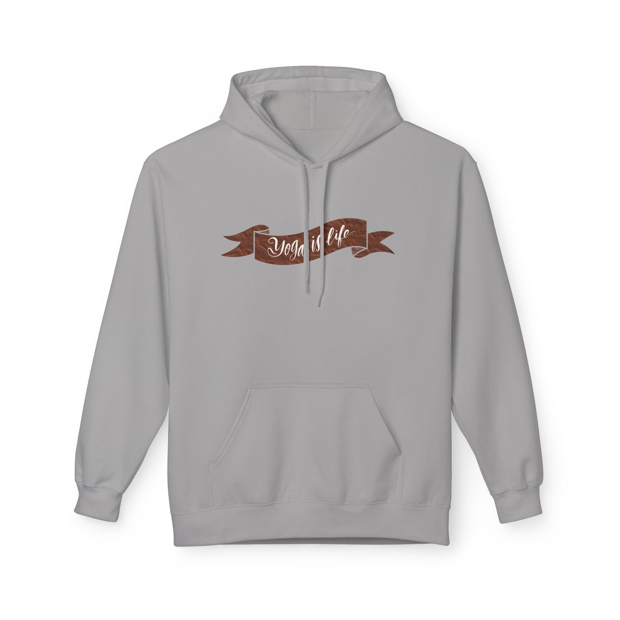 Cozy 'Yoga is Life' Script Hoodie — Rustic Brown Fleece Pullover