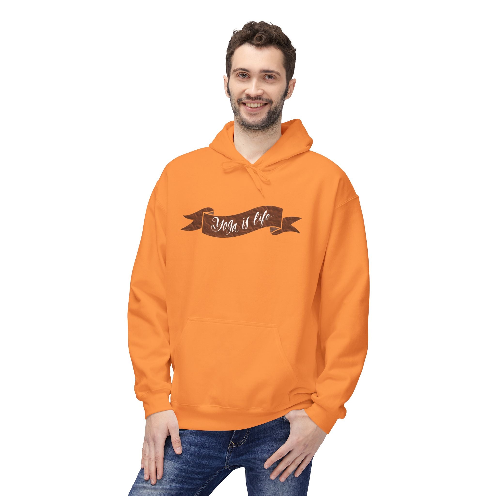 Cozy 'Yoga is Life' Script Hoodie — Rustic Brown Fleece Pullover