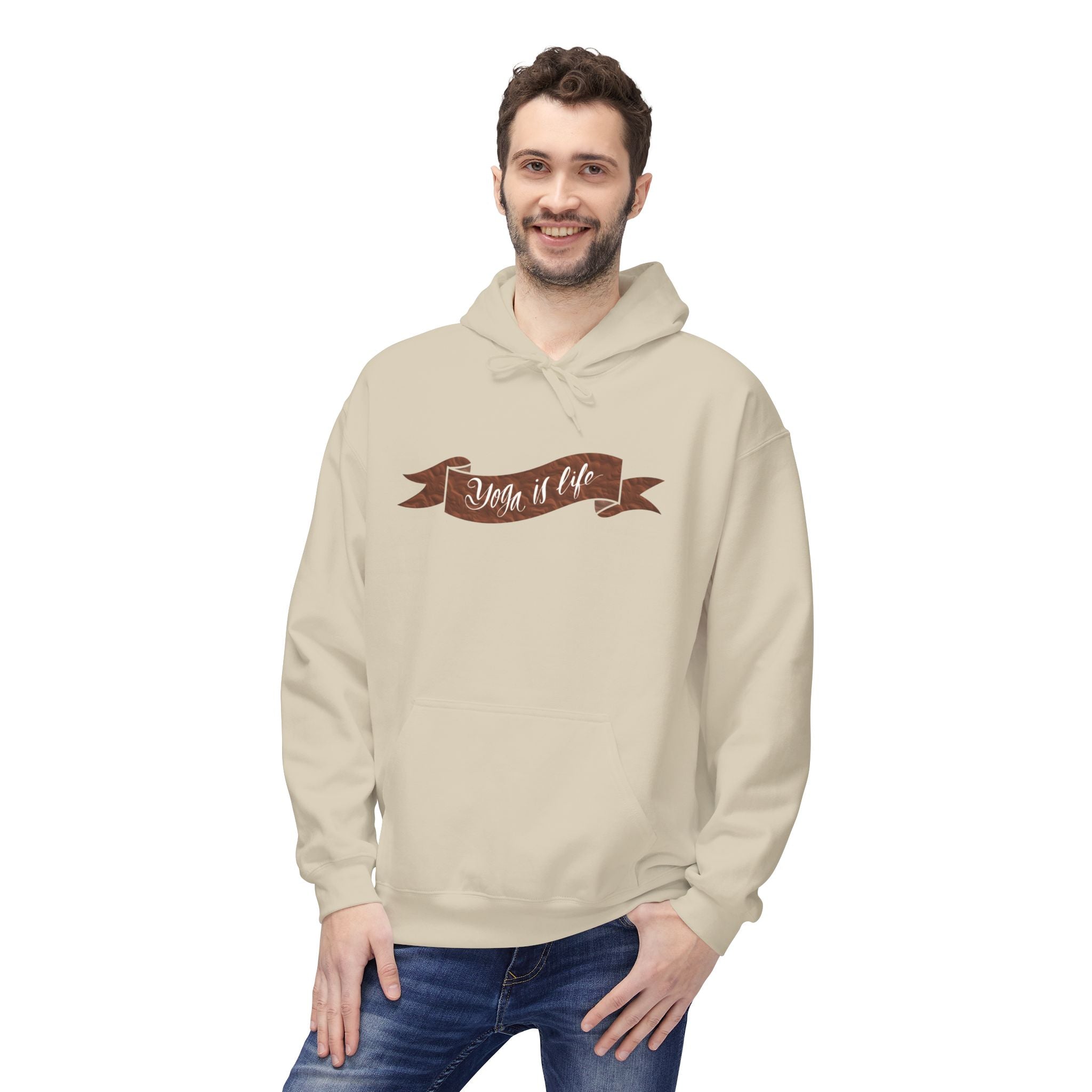 Cozy 'Yoga is Life' Script Hoodie — Rustic Brown Fleece Pullover