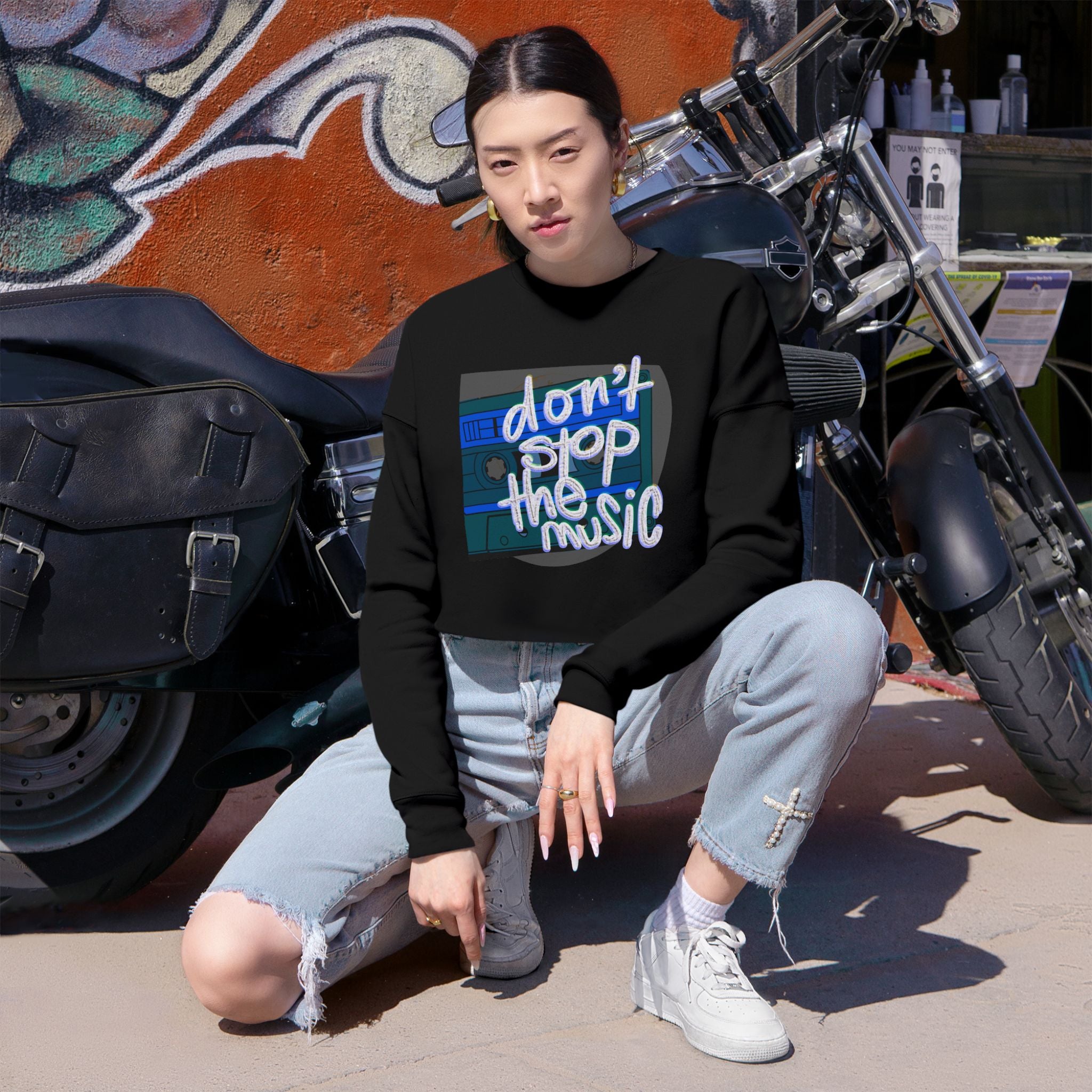 Don't Stop The Music Cropped Sweatshirt - Trendy Women's Apparel for Music Lovers
