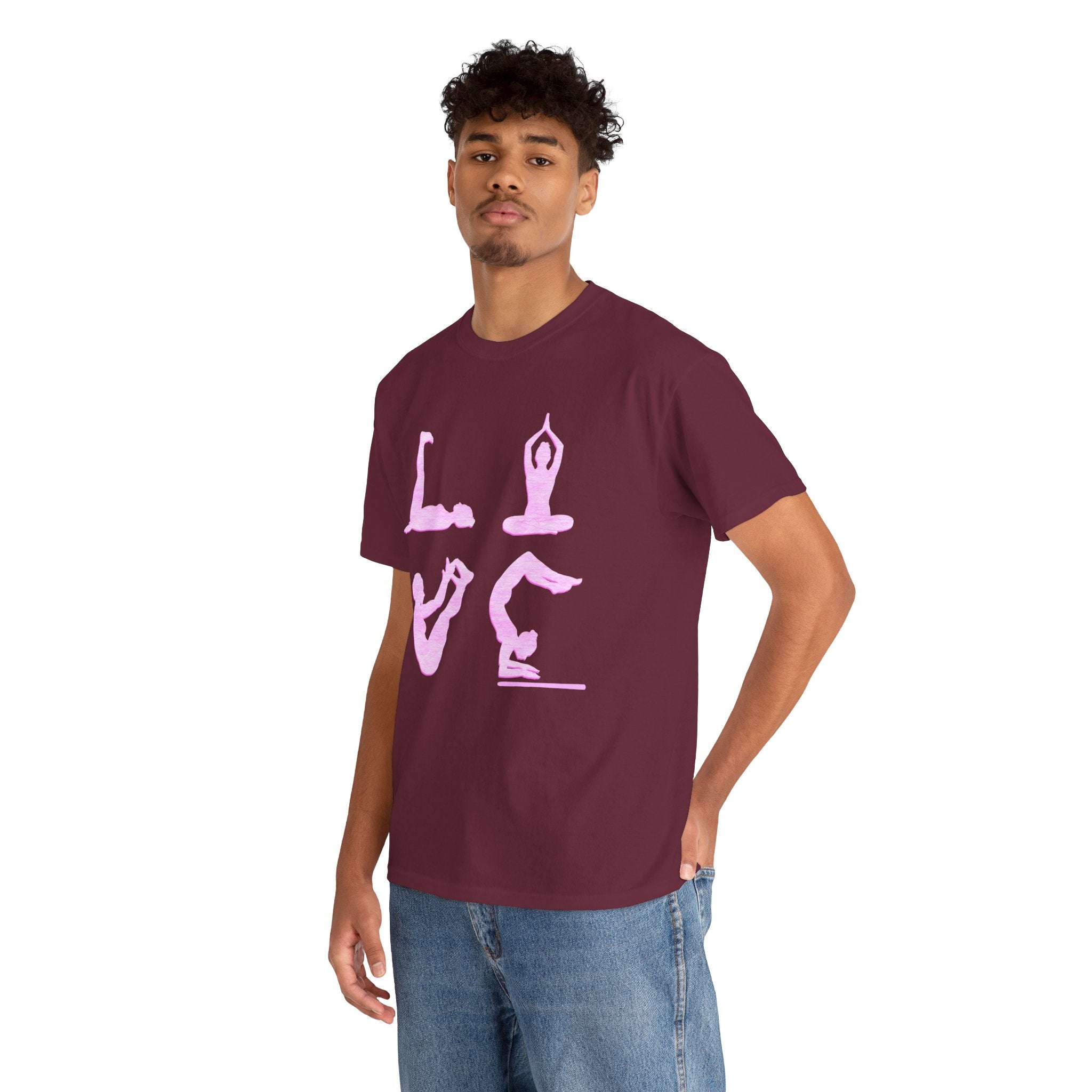Yoga Love Poses Graphic Tee — Pink Silhouette Yoga Shirt for Women & Men