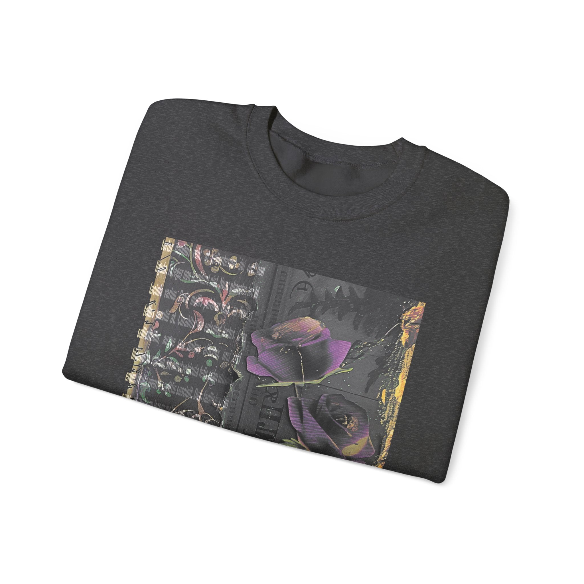 Crewneck Sweatshirt — Vintage Botanical Collage with Purple Roses