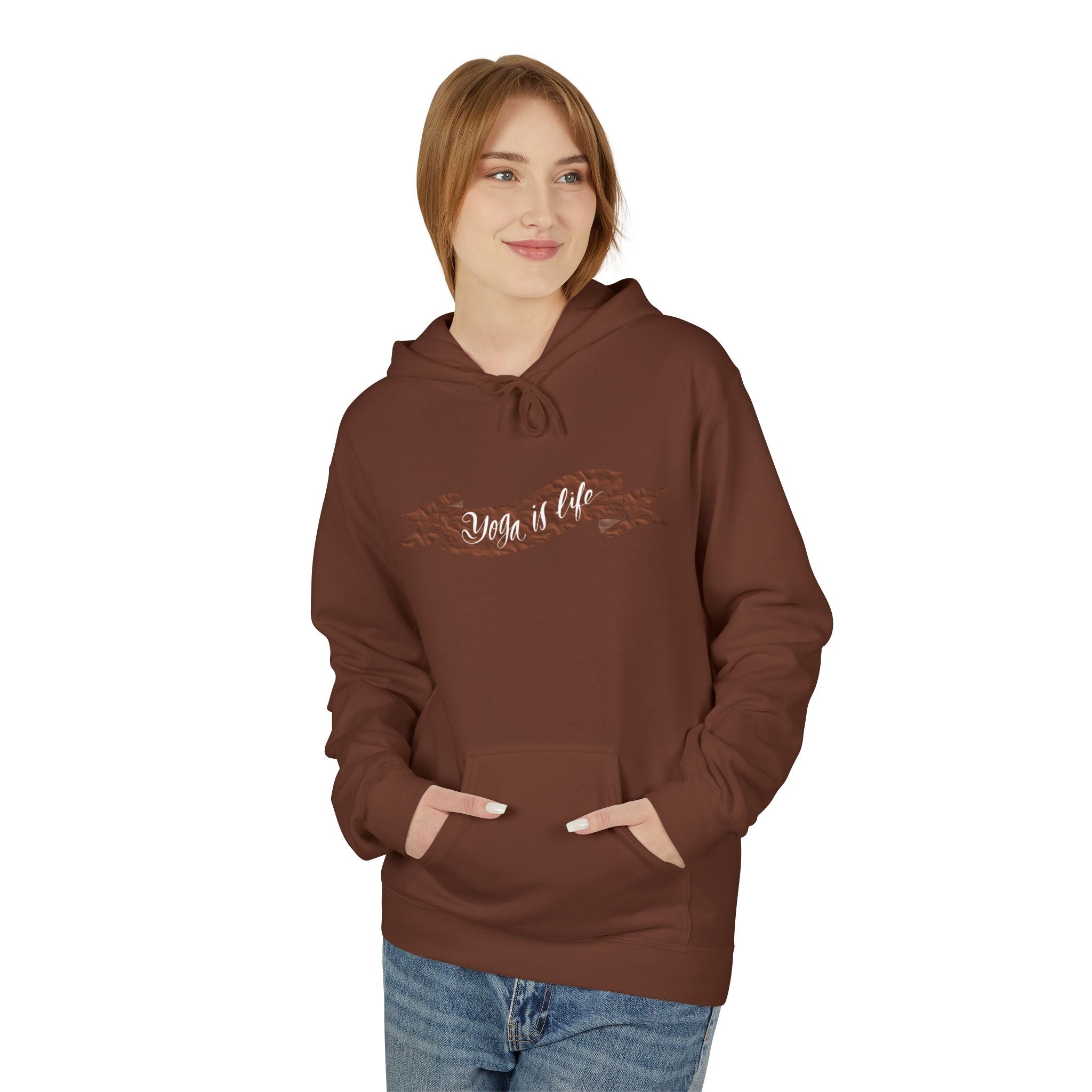Cozy 'Yoga is Life' Script Hoodie — Rustic Brown Fleece Pullover