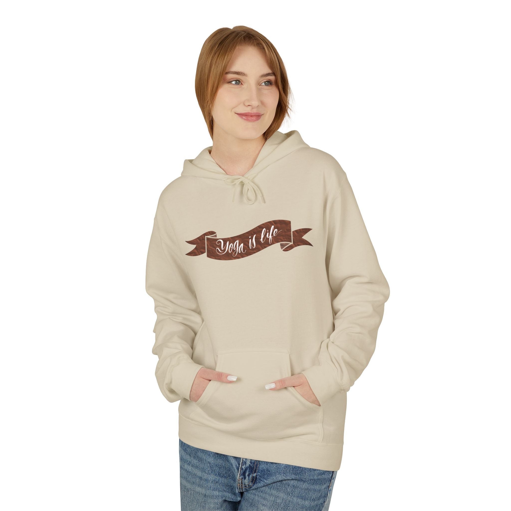 Cozy 'Yoga is Life' Script Hoodie — Rustic Brown Fleece Pullover