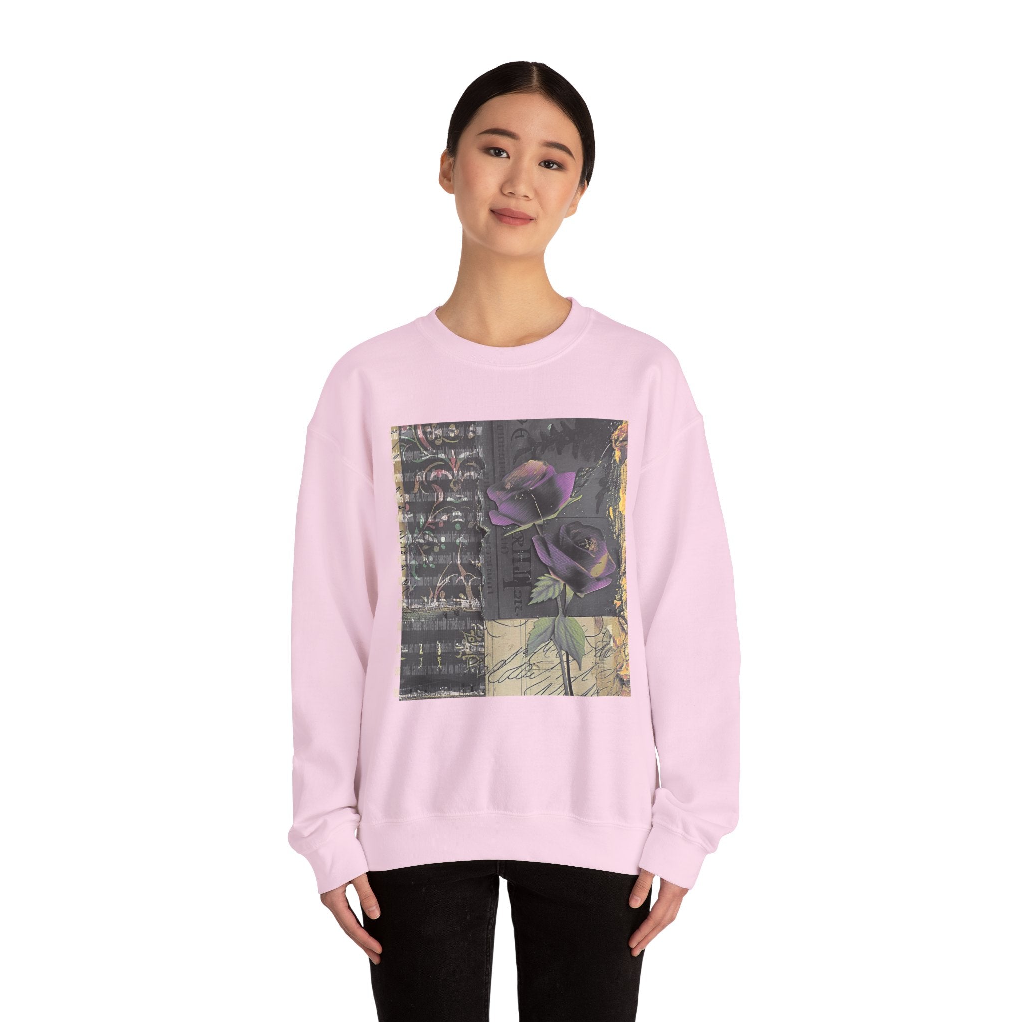 Crewneck Sweatshirt — Vintage Botanical Collage with Purple Roses