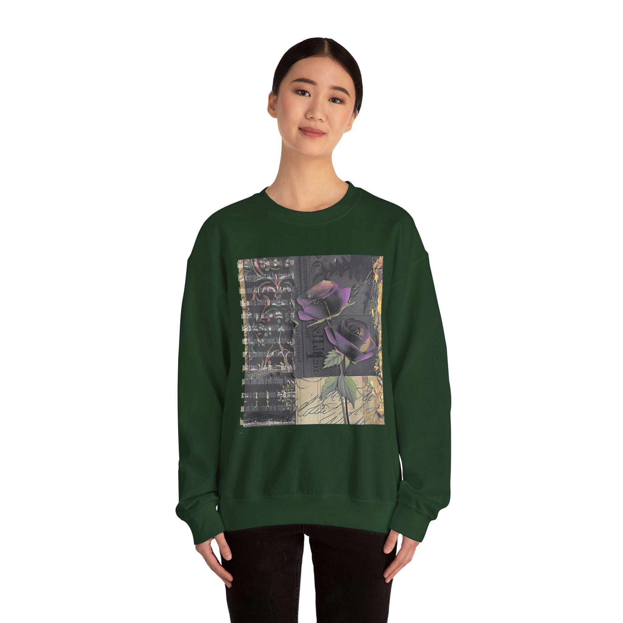 Crewneck Sweatshirt — Vintage Botanical Collage with Purple Roses