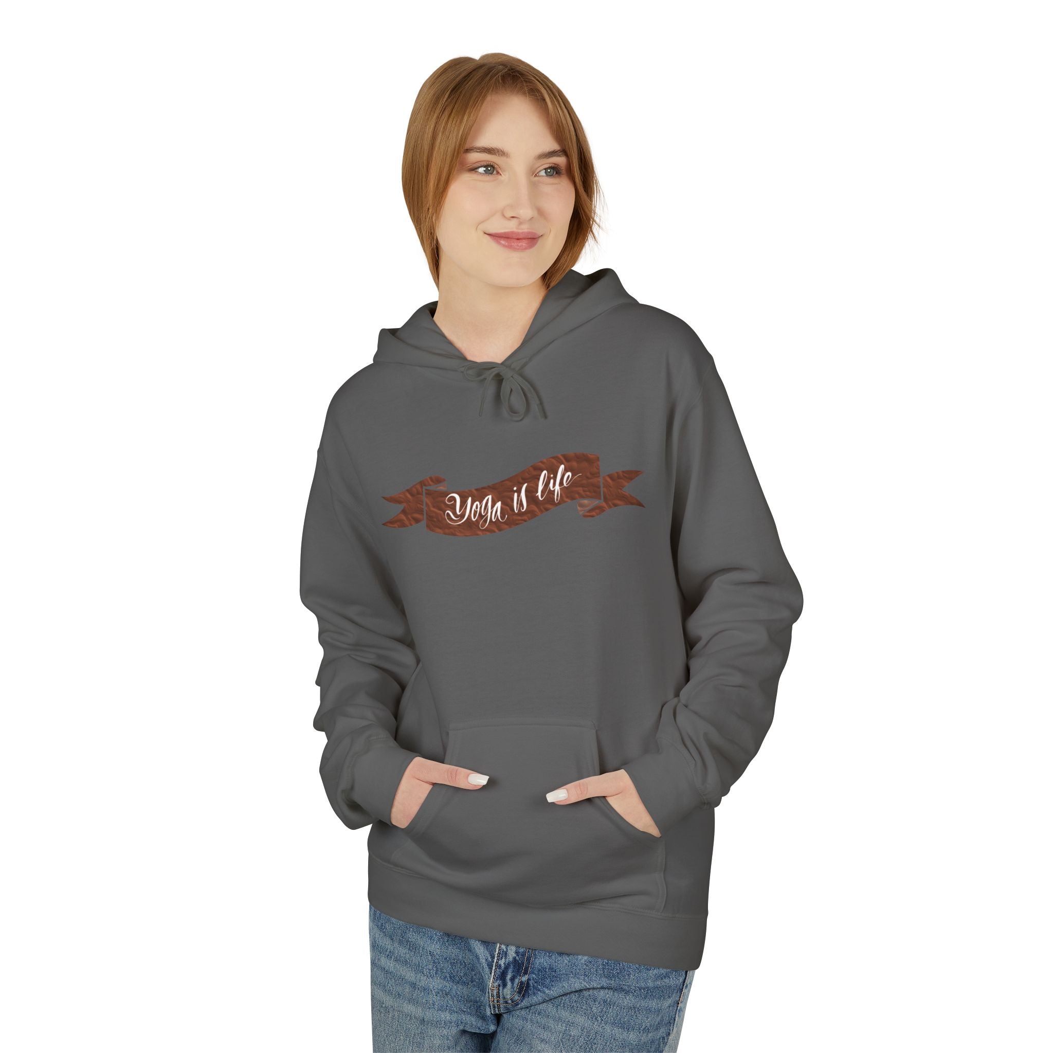 Cozy 'Yoga is Life' Script Hoodie — Rustic Brown Fleece Pullover