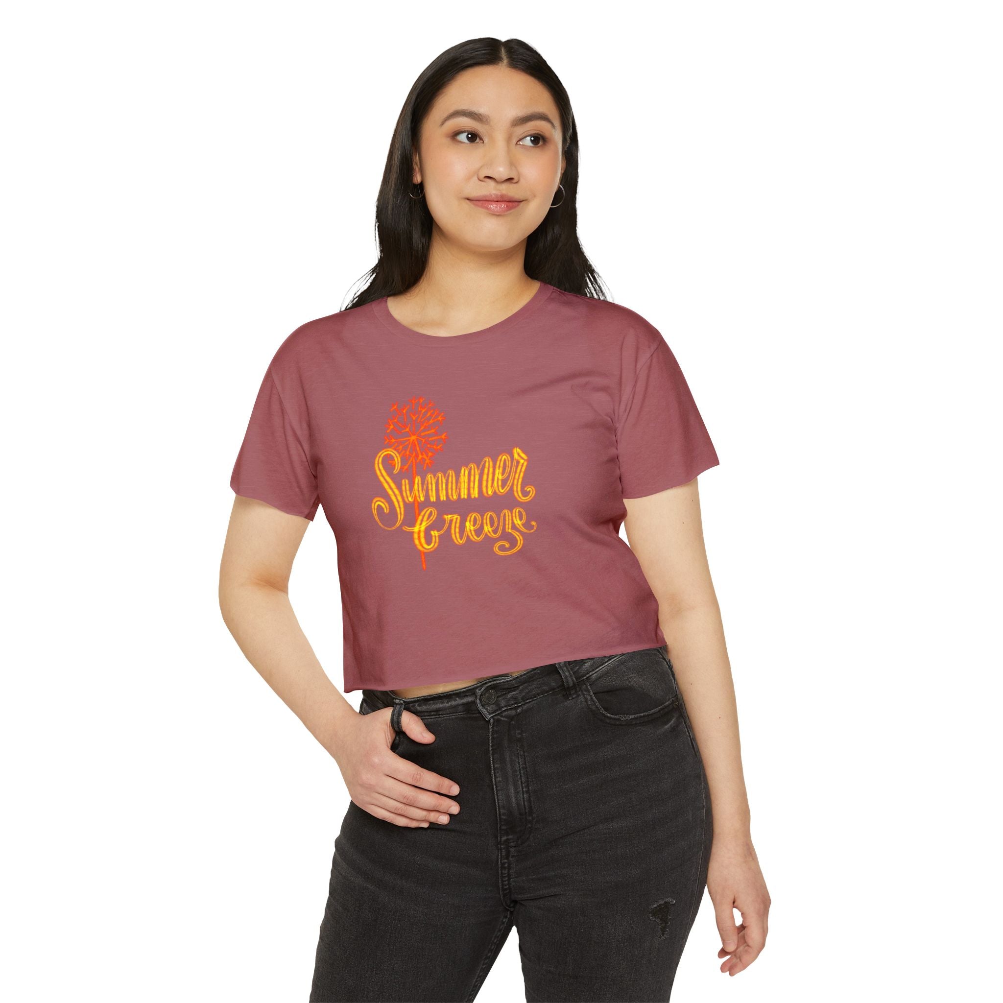 Summer Vibes Festival Crop Top - Women's White Tee with Bright Coral Design