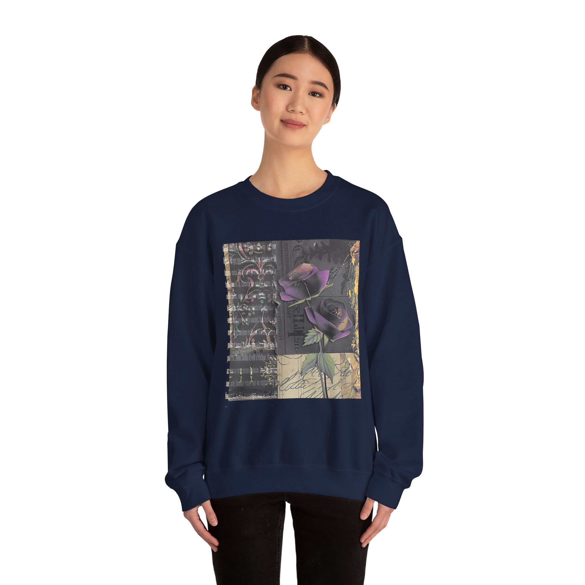 Crewneck Sweatshirt — Vintage Botanical Collage with Purple Roses