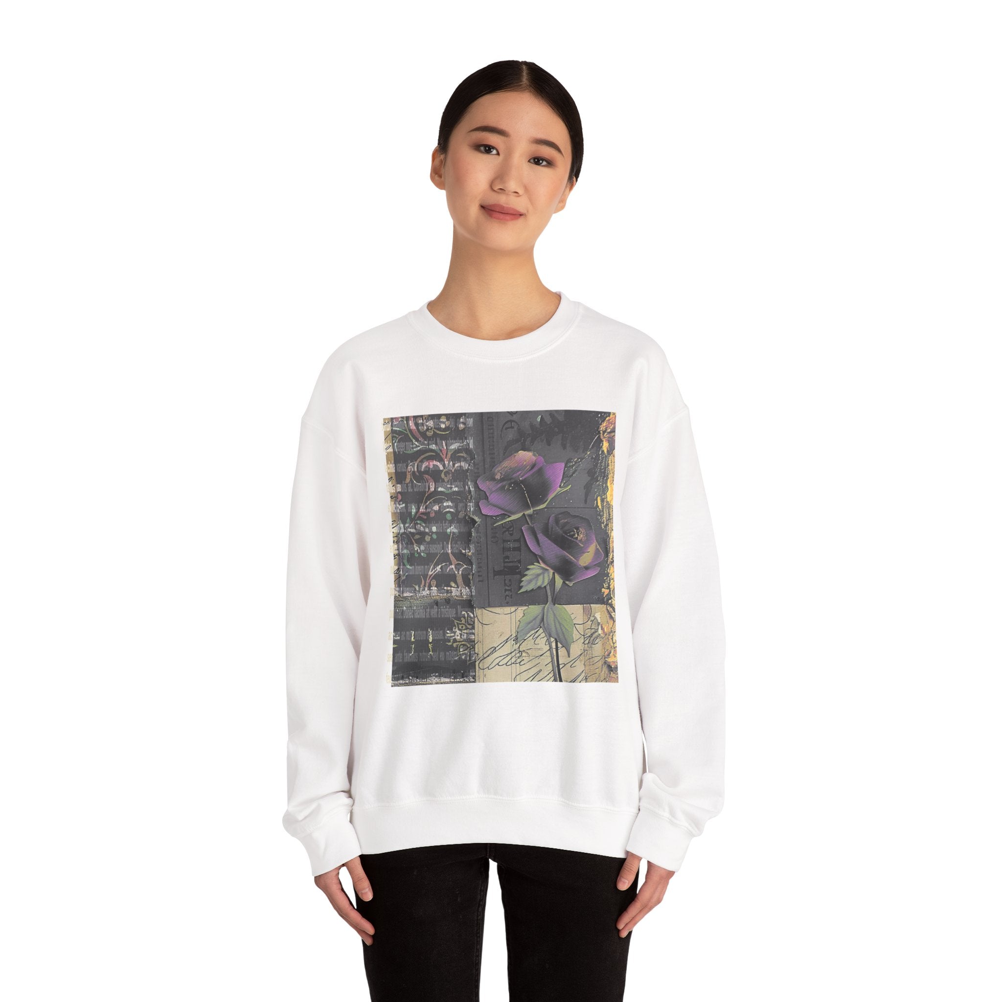 Crewneck Sweatshirt — Vintage Botanical Collage with Purple Roses