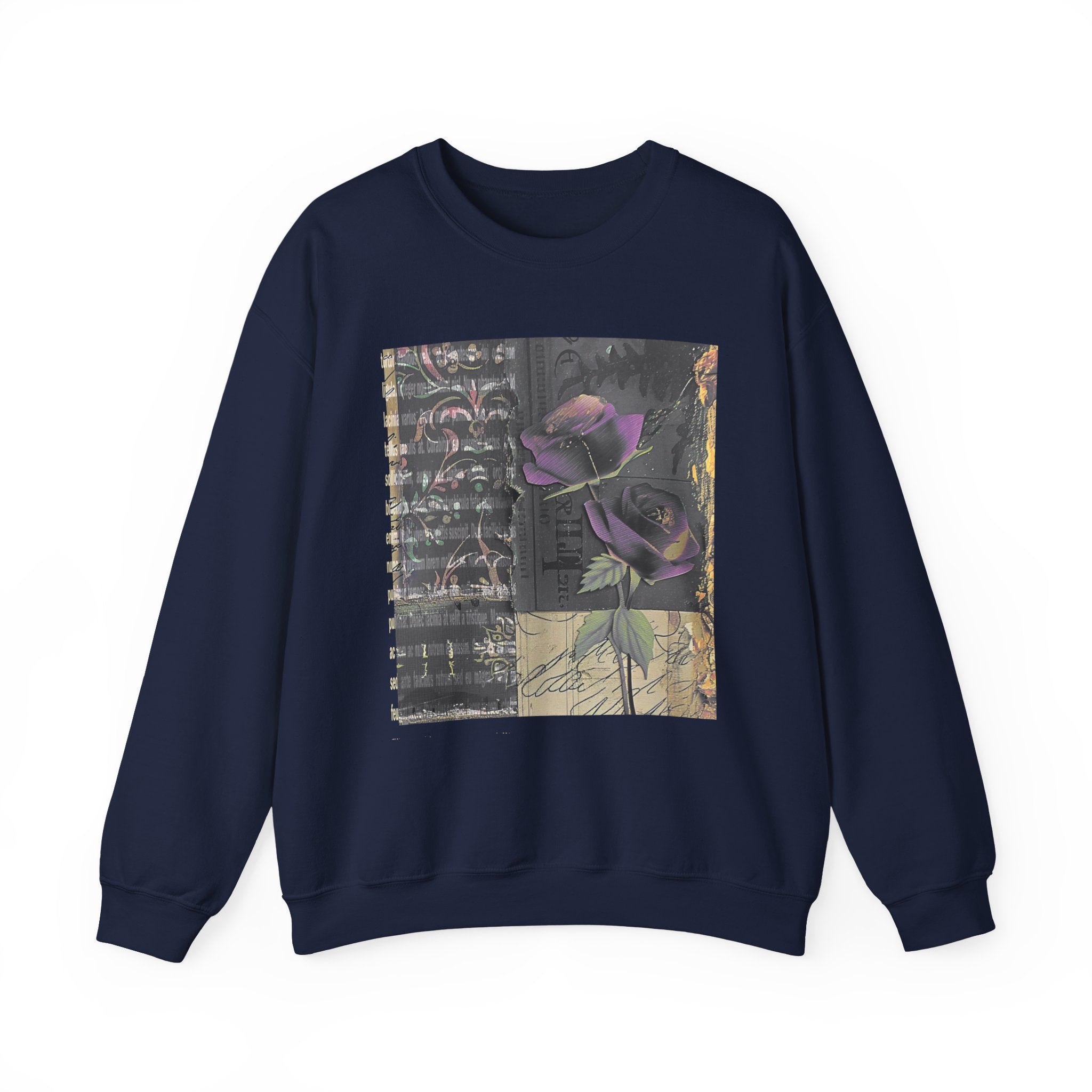 Crewneck Sweatshirt — Vintage Botanical Collage with Purple Roses