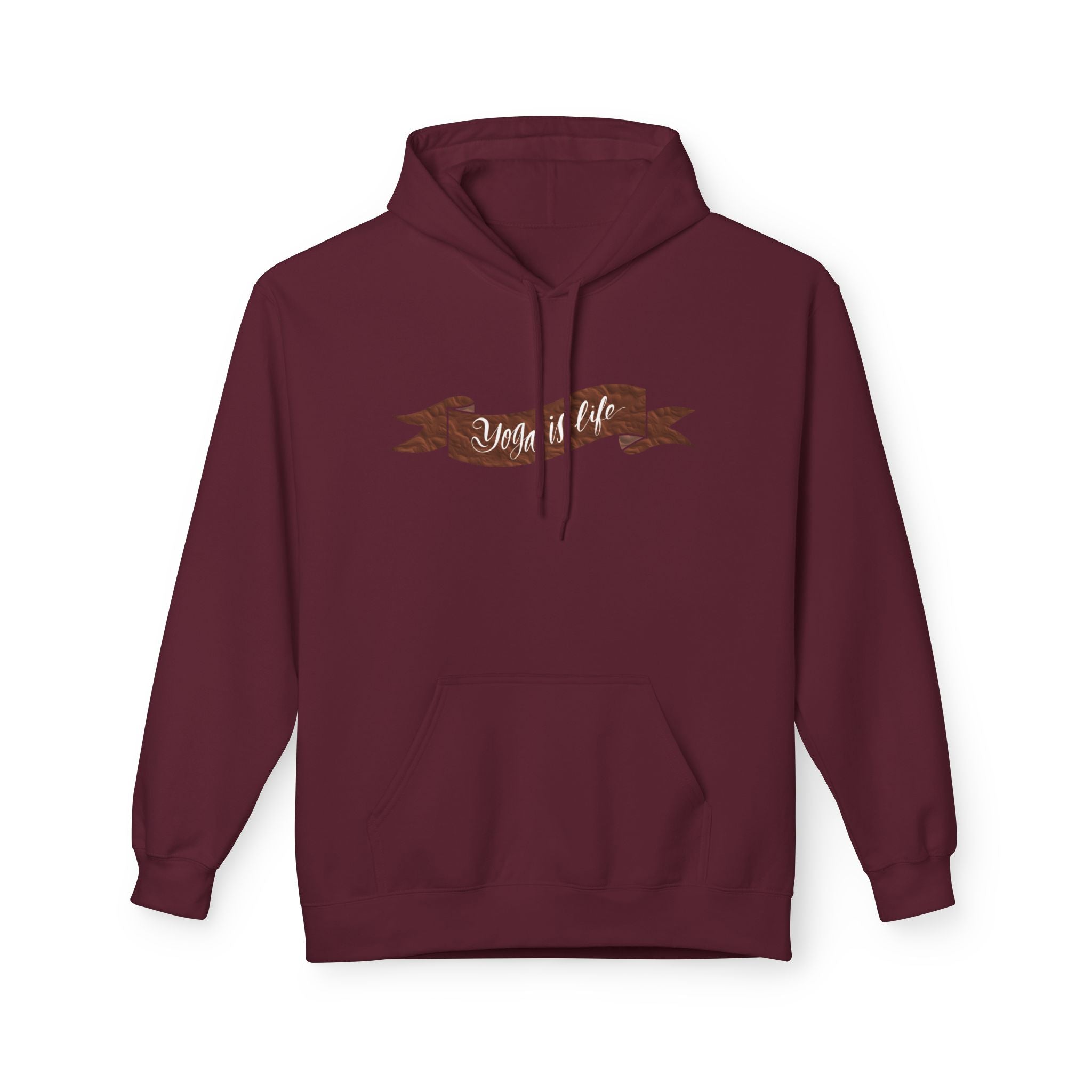 Cozy 'Yoga is Life' Script Hoodie — Rustic Brown Fleece Pullover