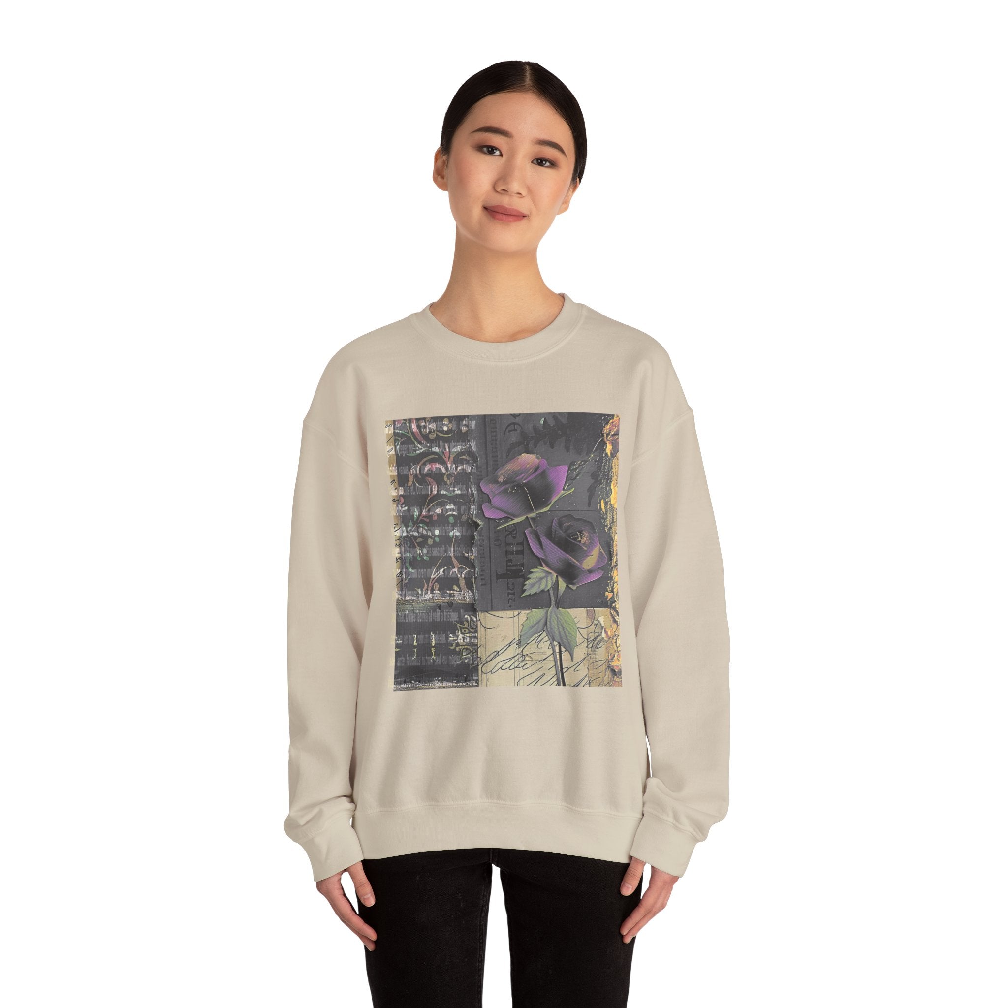 Crewneck Sweatshirt — Vintage Botanical Collage with Purple Roses