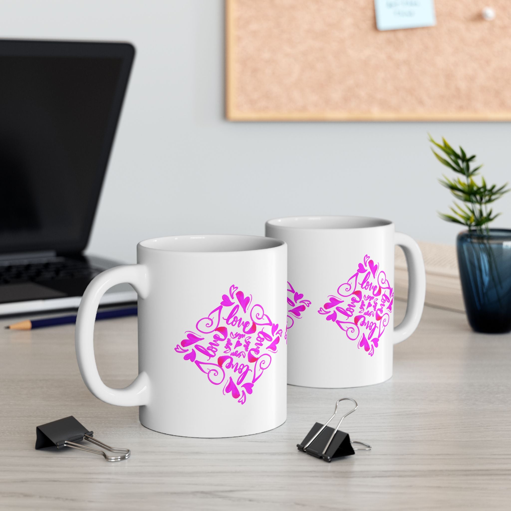 I love you hand-drawn Hearts Ceramic Mug — Pink Floral Heart calligraphy (11  loz)