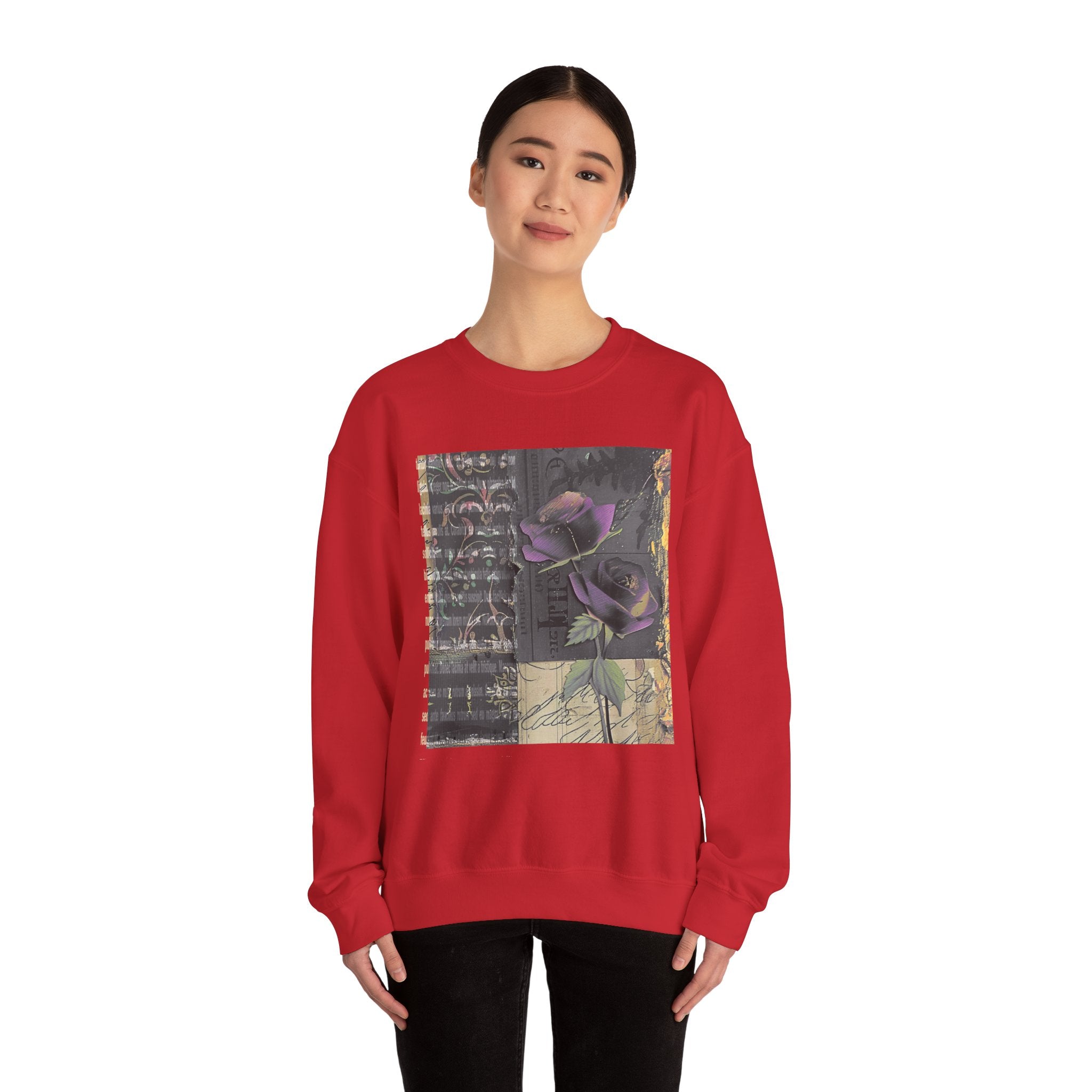 Crewneck Sweatshirt — Vintage Botanical Collage with Purple Roses