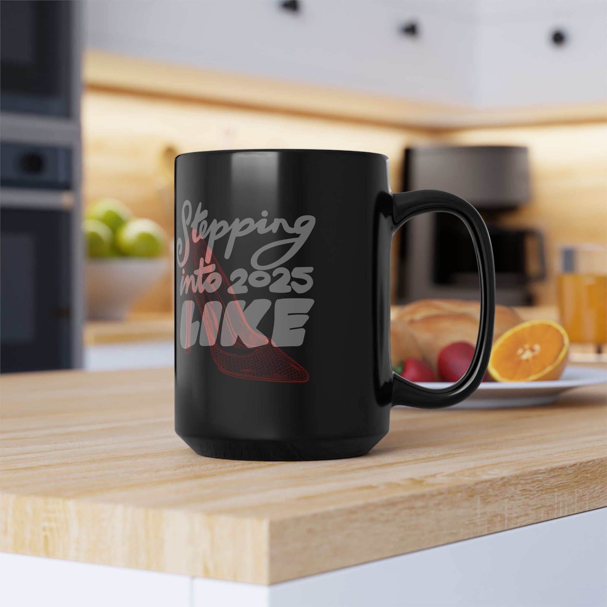 STEPPING INTO 2025 Black Mug, 15oz