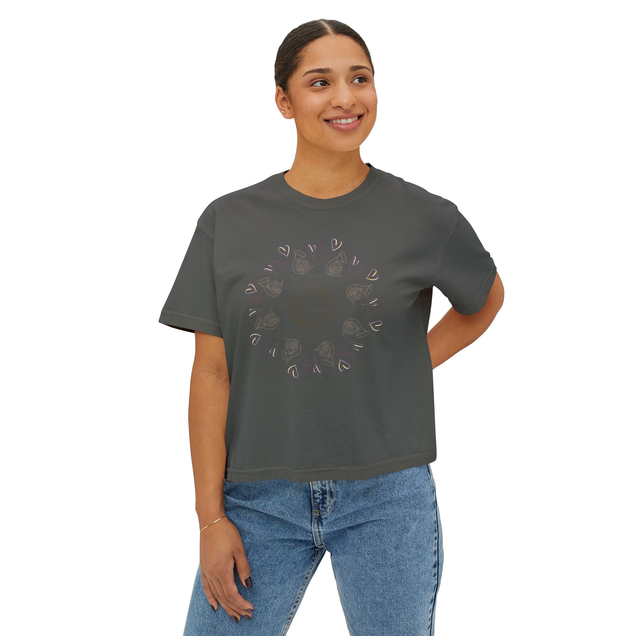 Women’s Boxy Tee with Musical Mandala Design – Casual Chic for Everyday Comfort