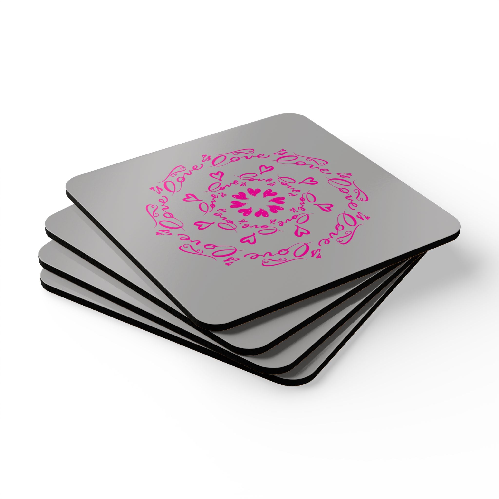 Love Mandala Cork Coaster Set — Pink Heart Drink Coasters (4-Pack)