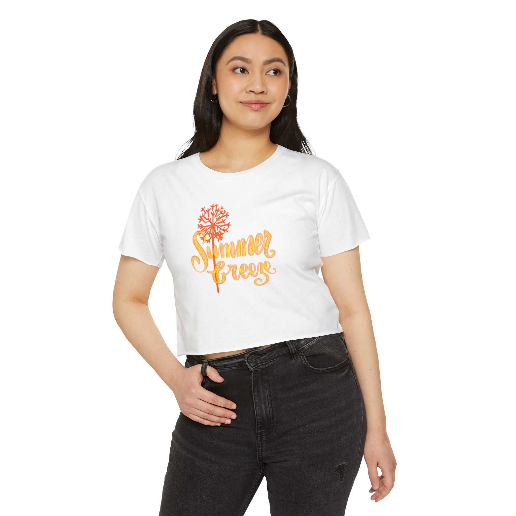 Summer Vibes Festival Crop Top - Women's White Tee with Bright Coral Design