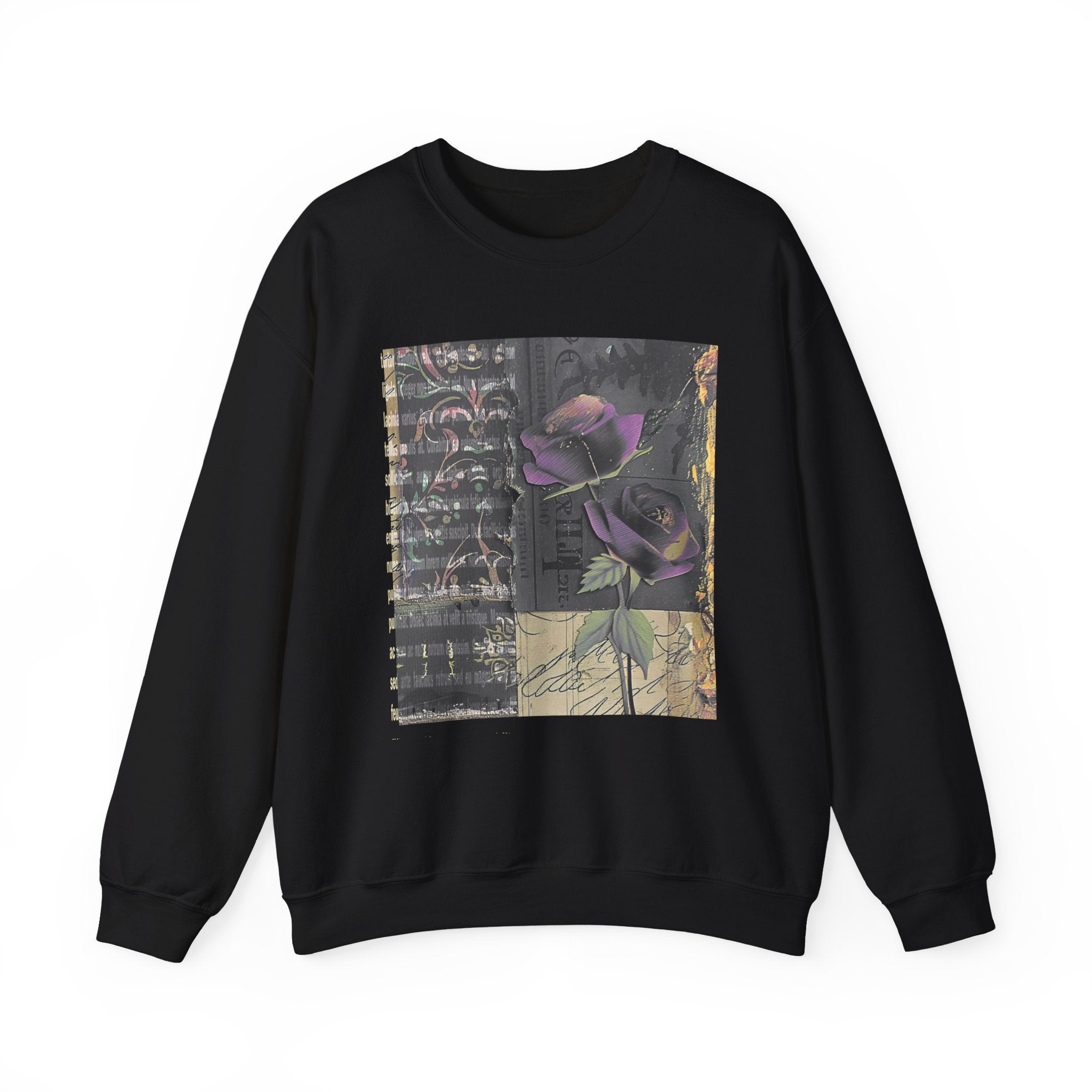 Crewneck Sweatshirt — Vintage Botanical Collage with Purple Roses