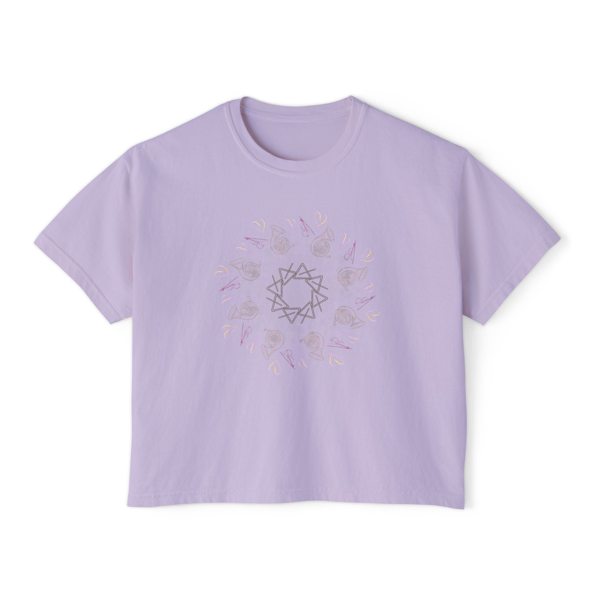 Women’s Boxy Tee with Musical Mandala Design – Casual Chic for Everyday Comfort