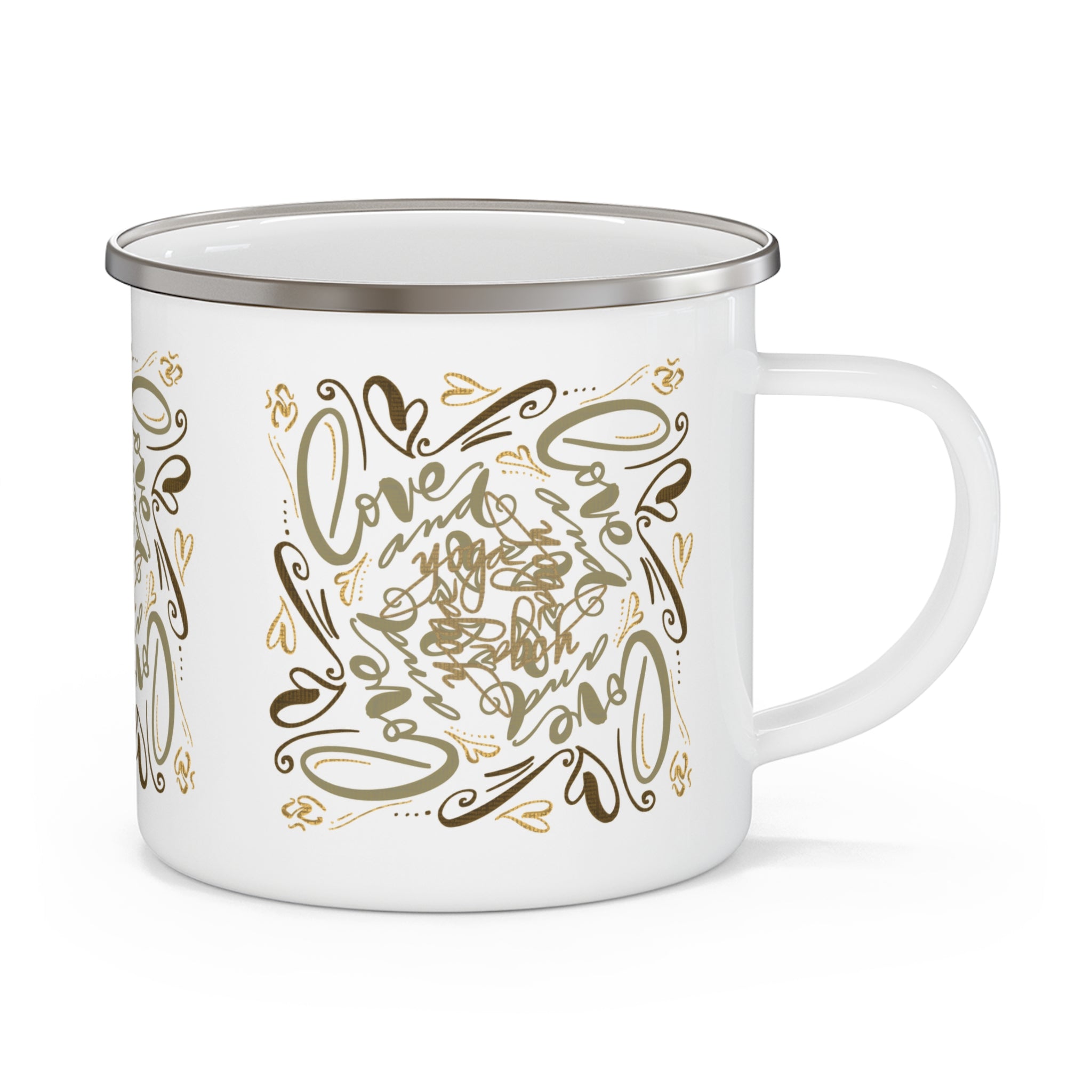 Enamel Camping Mug — Gold 'Love and Yoga’ Handlettered Pattern, Romantic Outdoor Coffee Cup