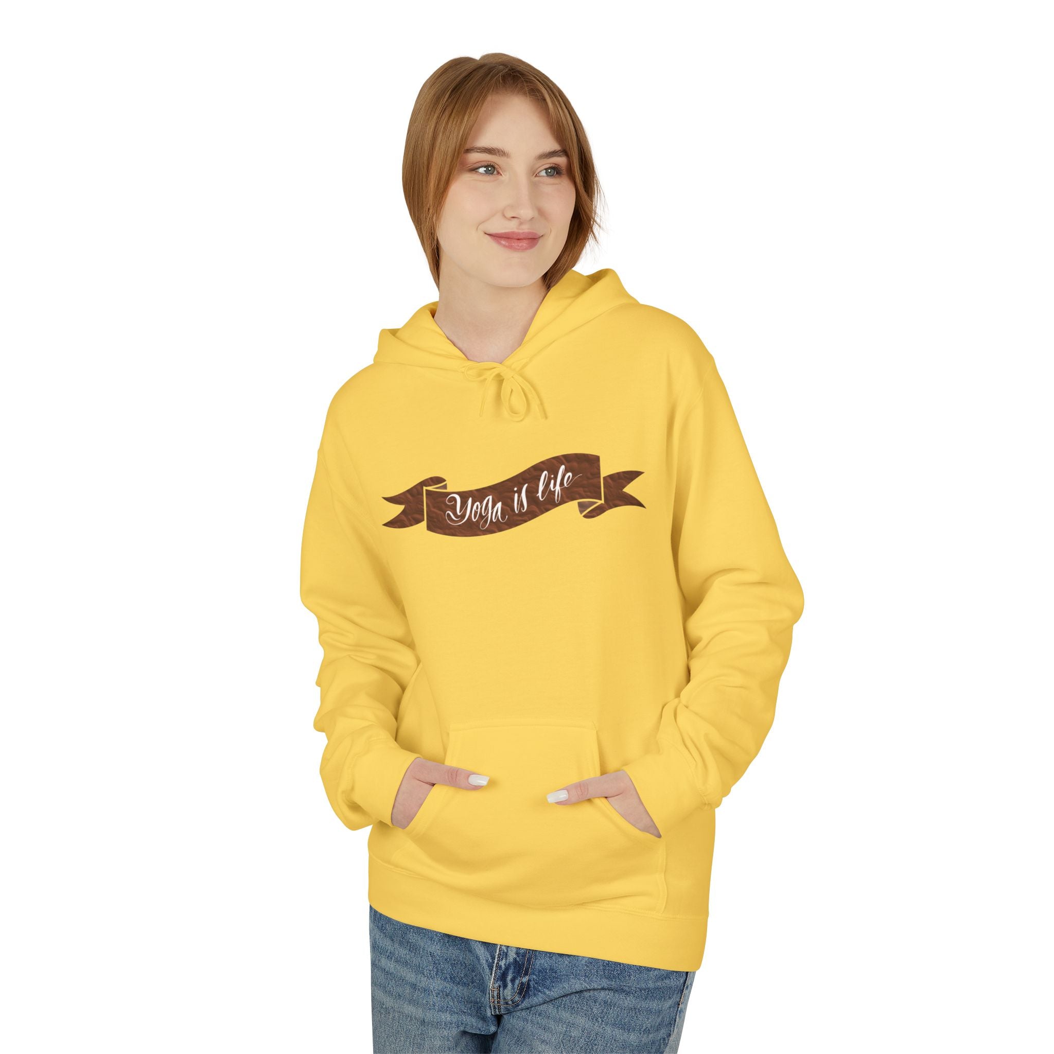 Cozy 'Yoga is Life' Script Hoodie — Rustic Brown Fleece Pullover