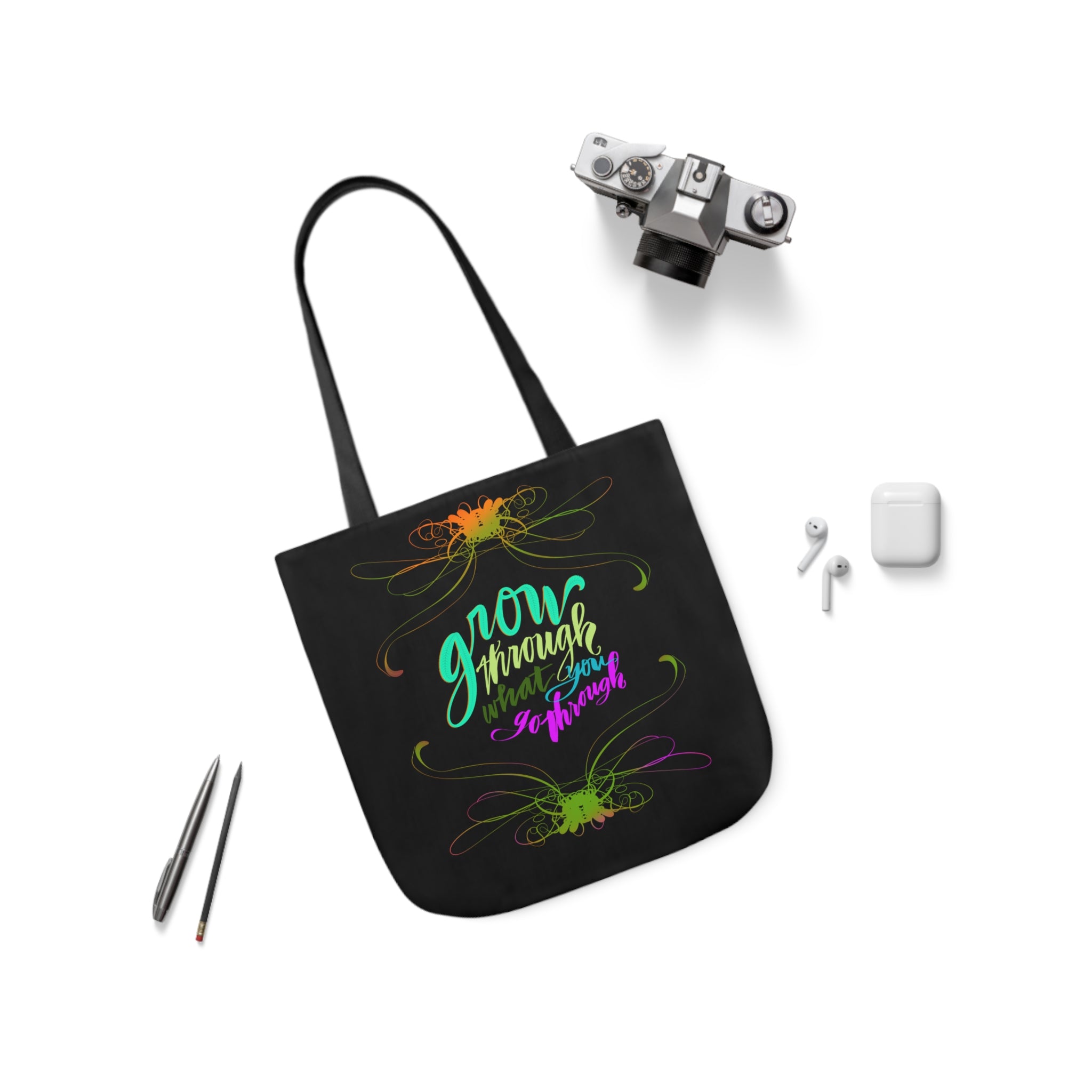 GROW THROUGH WHAT YOU GROW THROUGH Canvas Tote Bag, 5-Color Straps