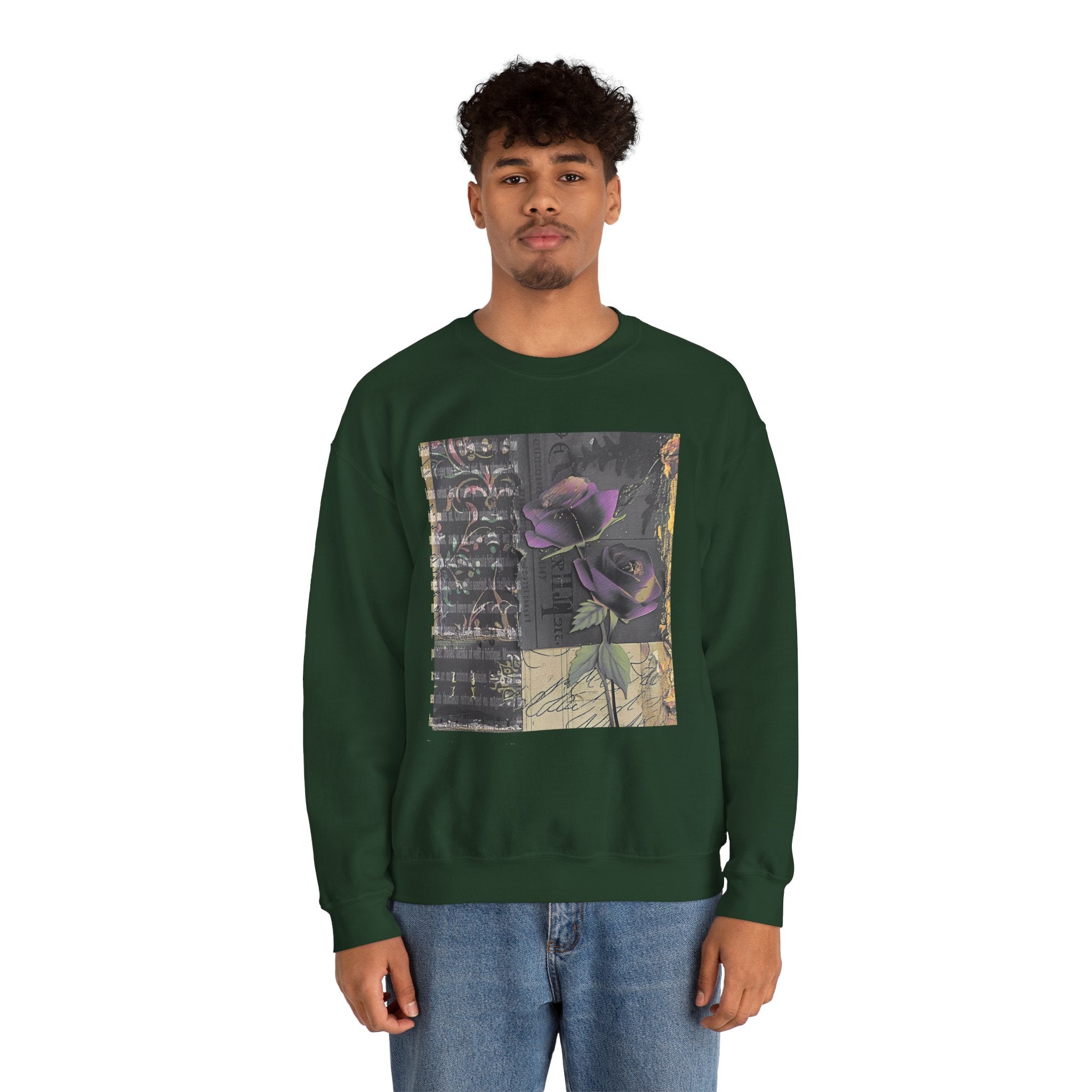 Crewneck Sweatshirt — Vintage Botanical Collage with Purple Roses