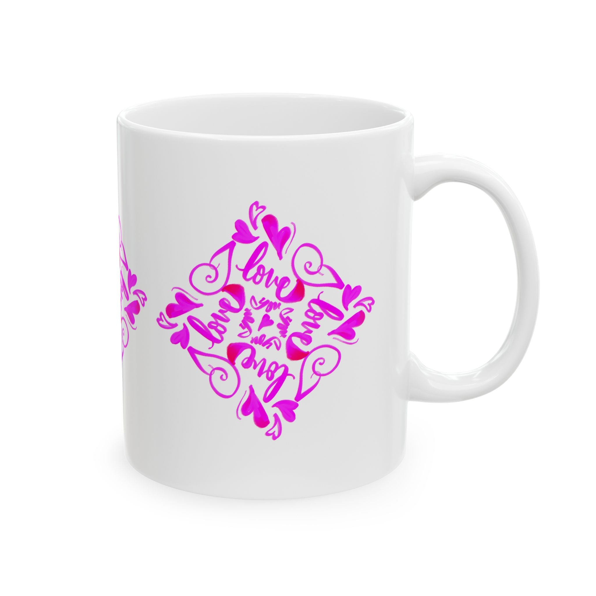 I love you hand-drawn Hearts Ceramic Mug — Pink Floral Heart calligraphy (11  loz)