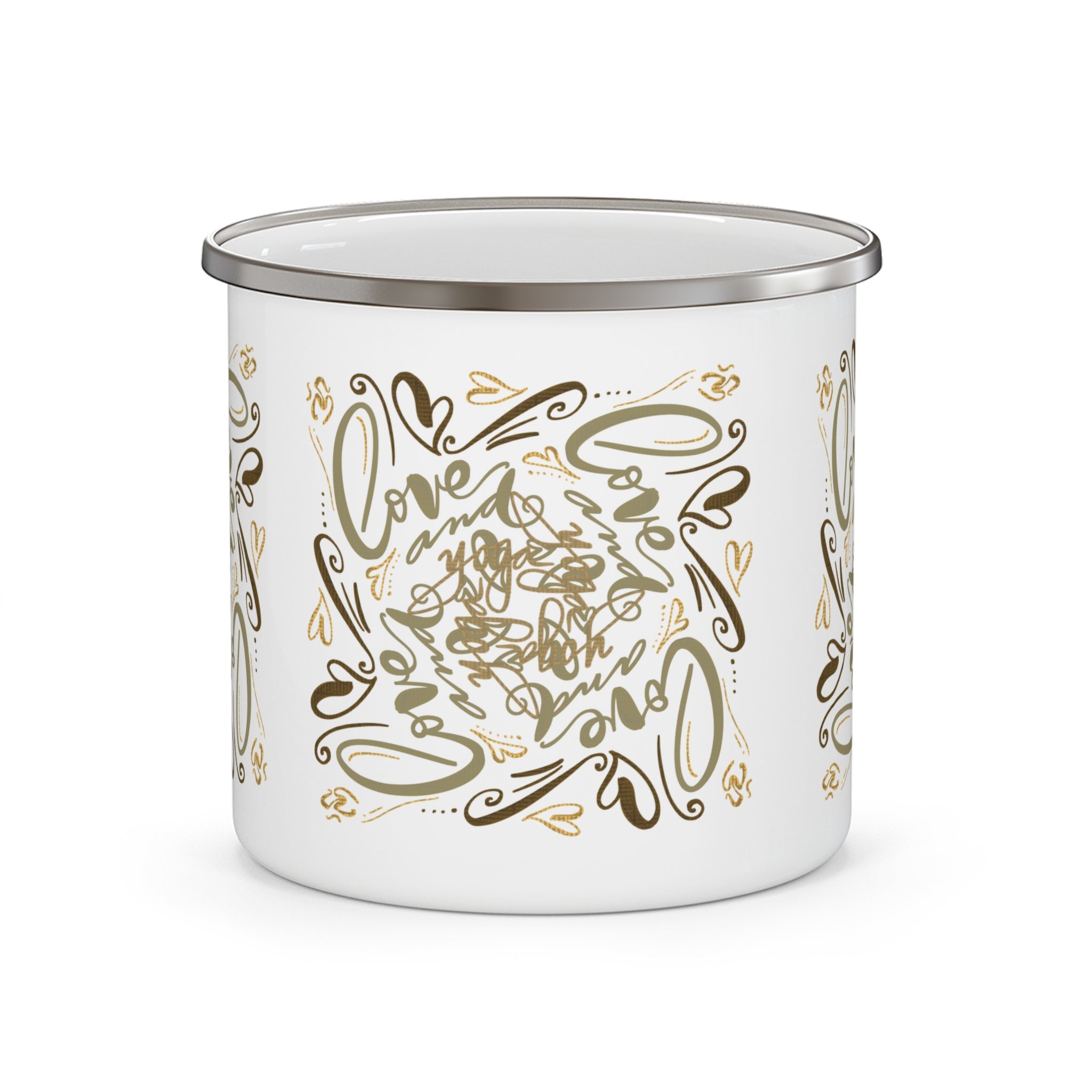 Enamel Camping Mug — Gold 'Love and Yoga’ Handlettered Pattern, Romantic Outdoor Coffee Cup