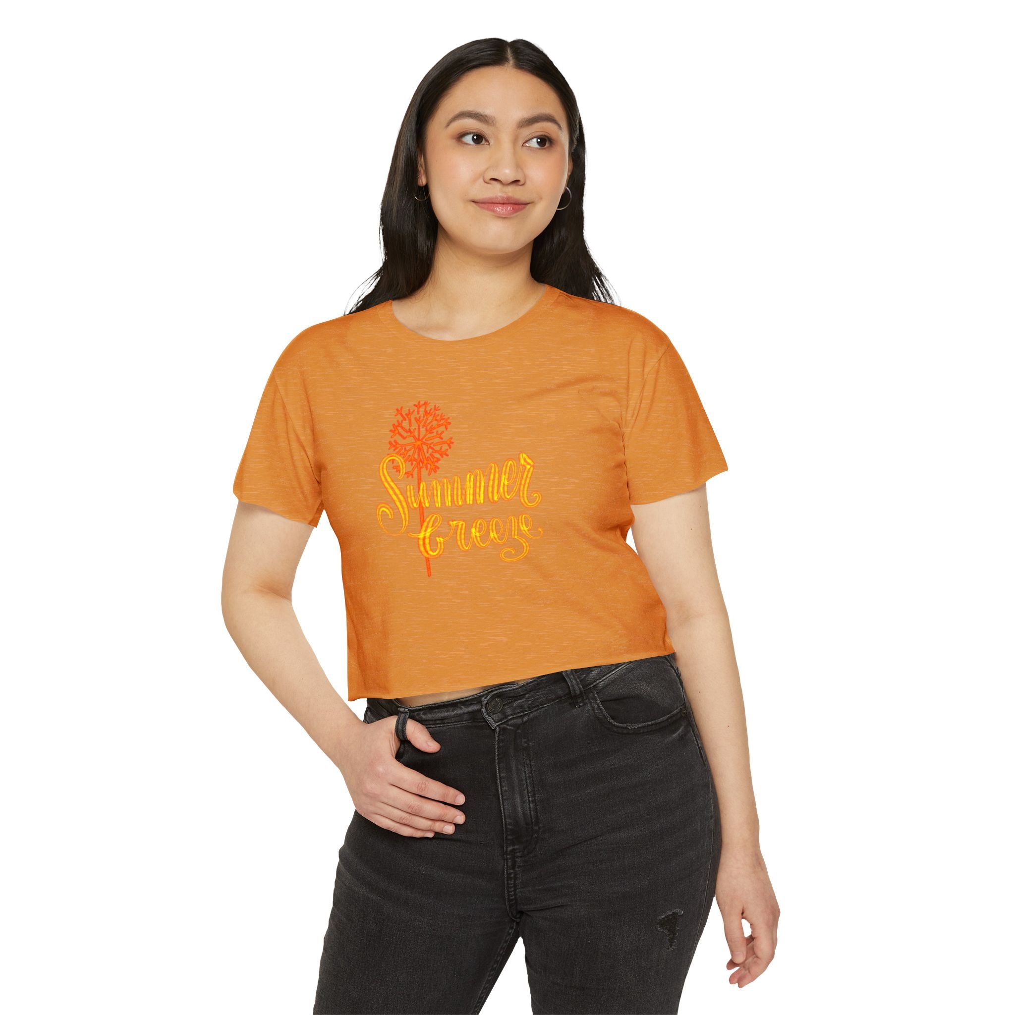 Summer Vibes Festival Crop Top - Women's White Tee with Bright Coral Design