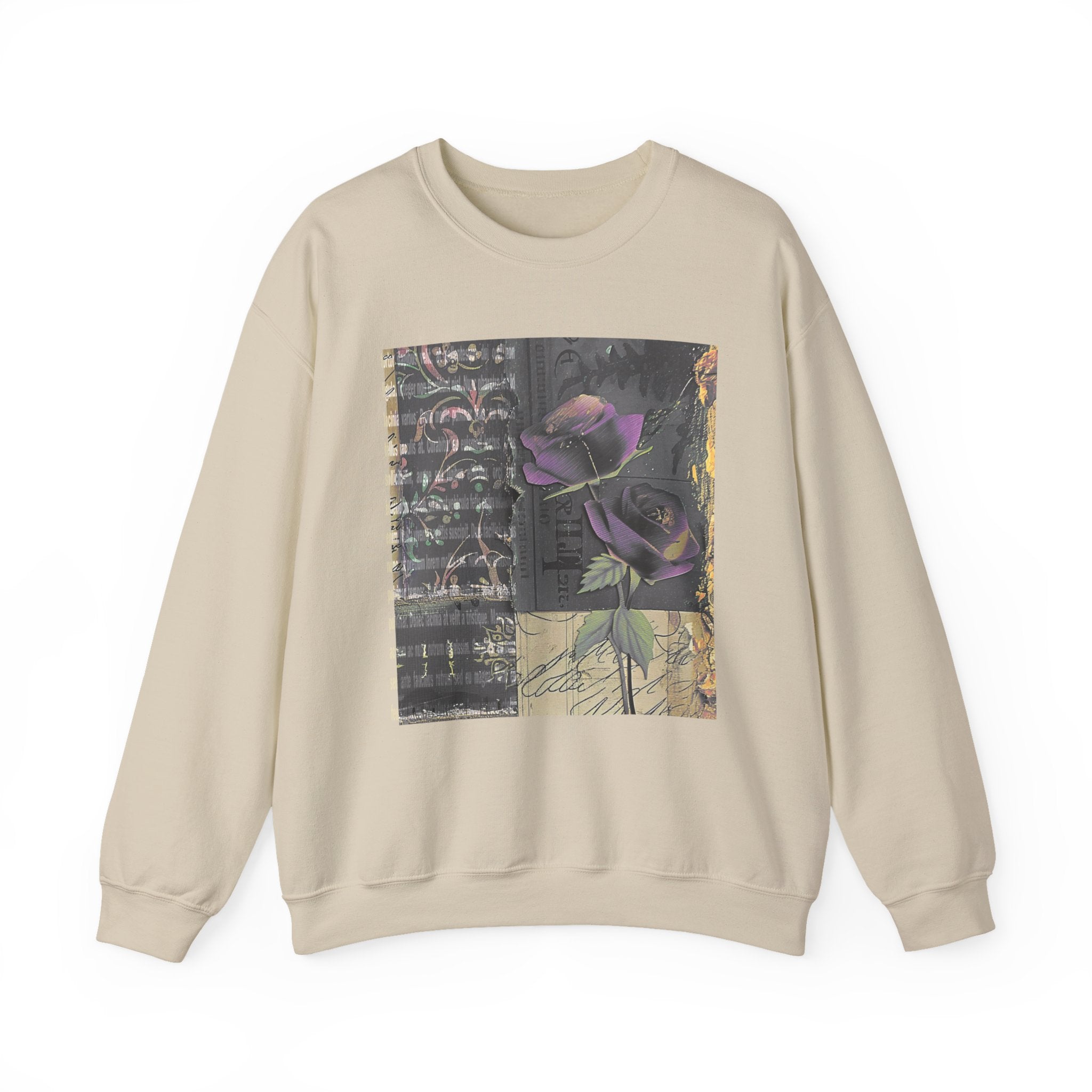 Crewneck Sweatshirt — Vintage Botanical Collage with Purple Roses